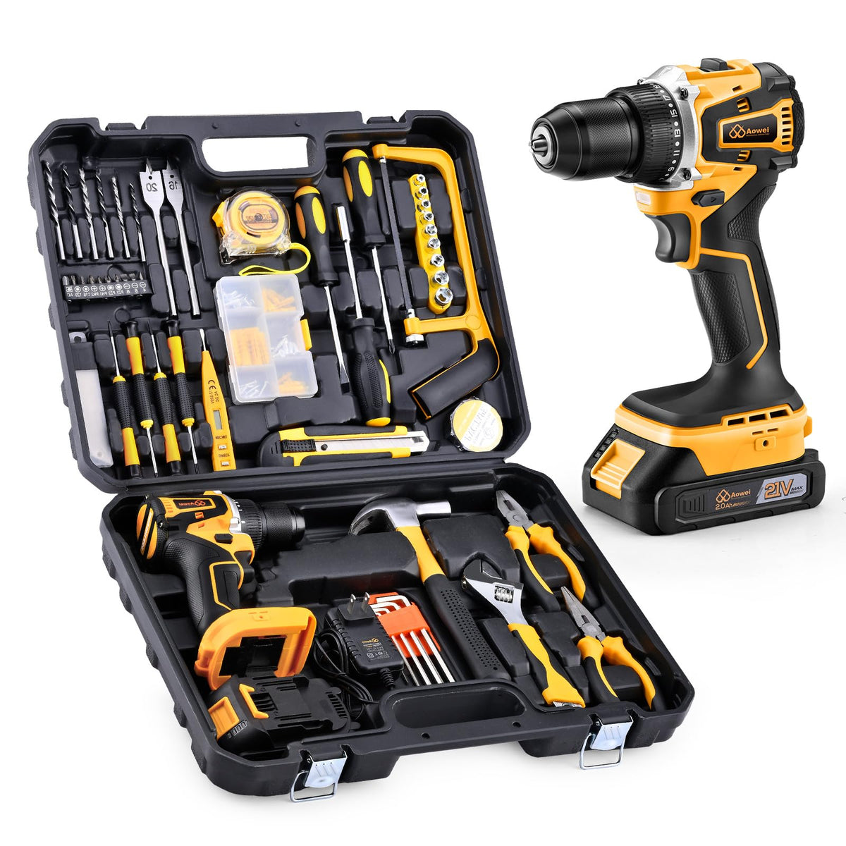 Yellow 21V Cordless Drill Brushless Motor Tool Kit Set - AOWEI Official Imagery - 5