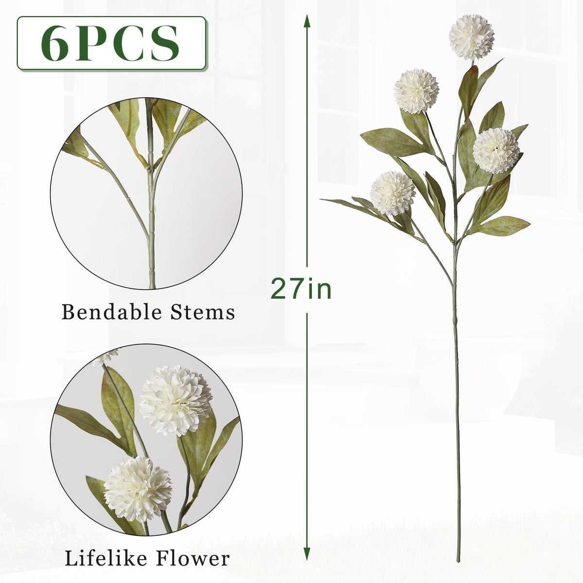 6Pcs 27 Artificial Pompon Mum Stems Silk Flowers for Vase - Juxdp Official Imagery - 4