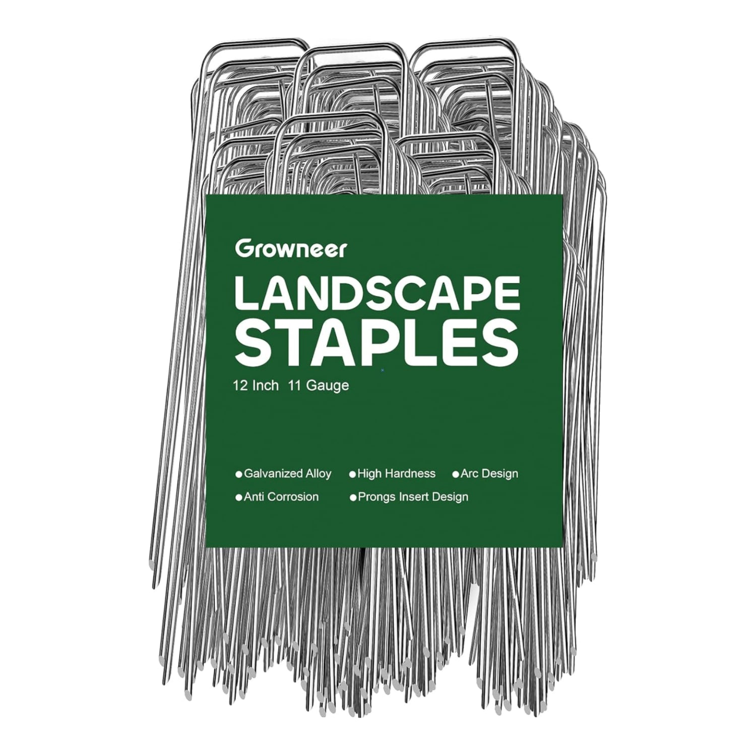 GROWNEER 6-inch 11-gauge heavy-duty galvanized landscape staples in a 100-pack for outdoor yard and garden landscape projects.