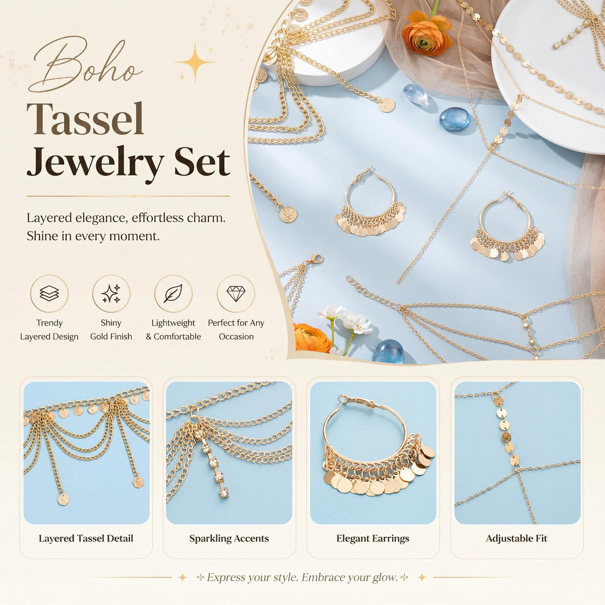 Quelay 5 Pcs Belly Dance Jewelry Set for Women Gold Head - Quelay Official Imagery - 5