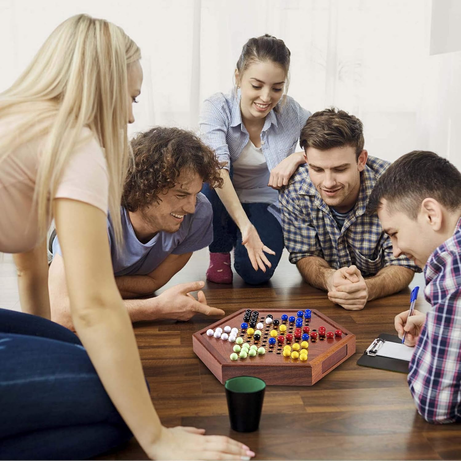 AMEROUS 12.5-inch wooden Chinese checkers set with storage drawer, featuring colorful marbles and a smooth playing surface.