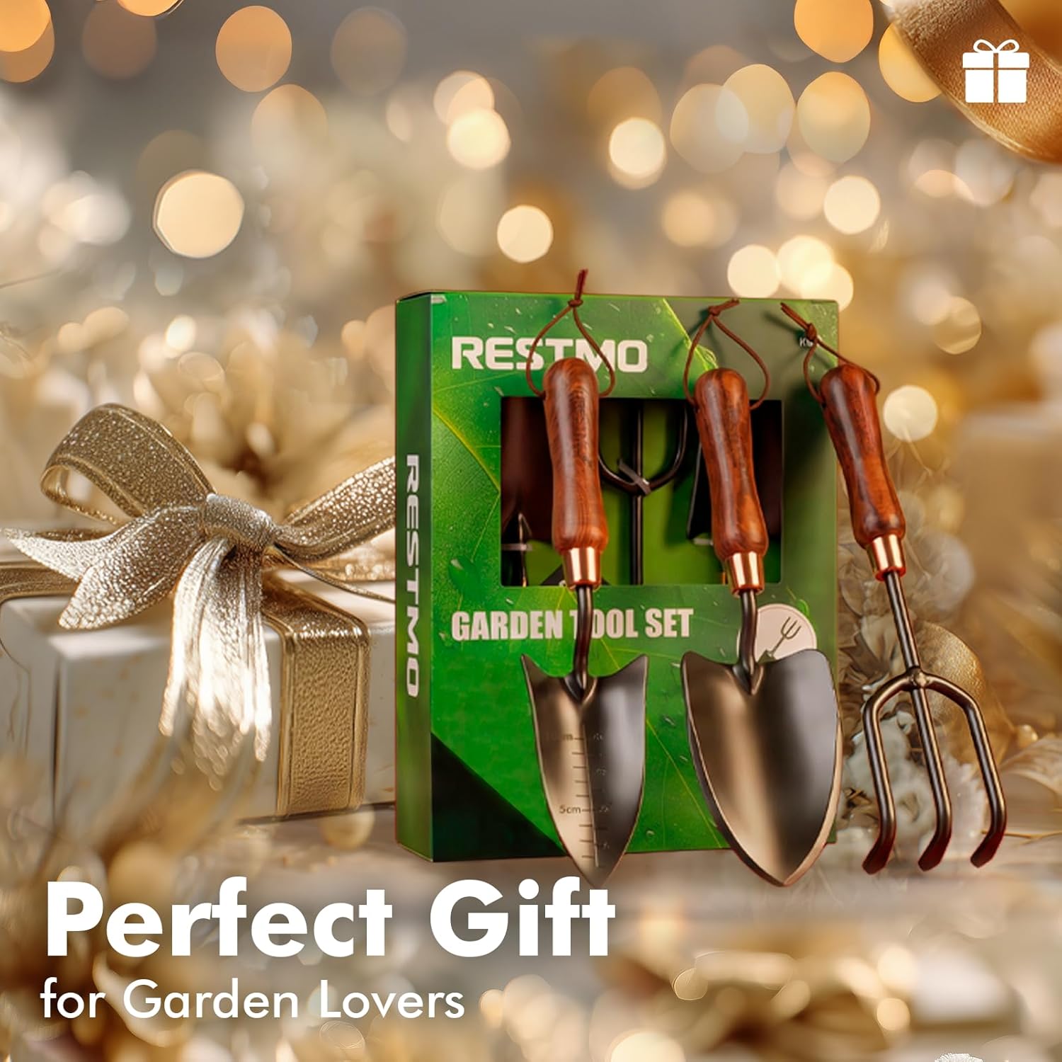 Restmo 3-in-1 heavy-duty gardening tools kit with premium carbon steel tools for planting, digging, and pruning in the garden.