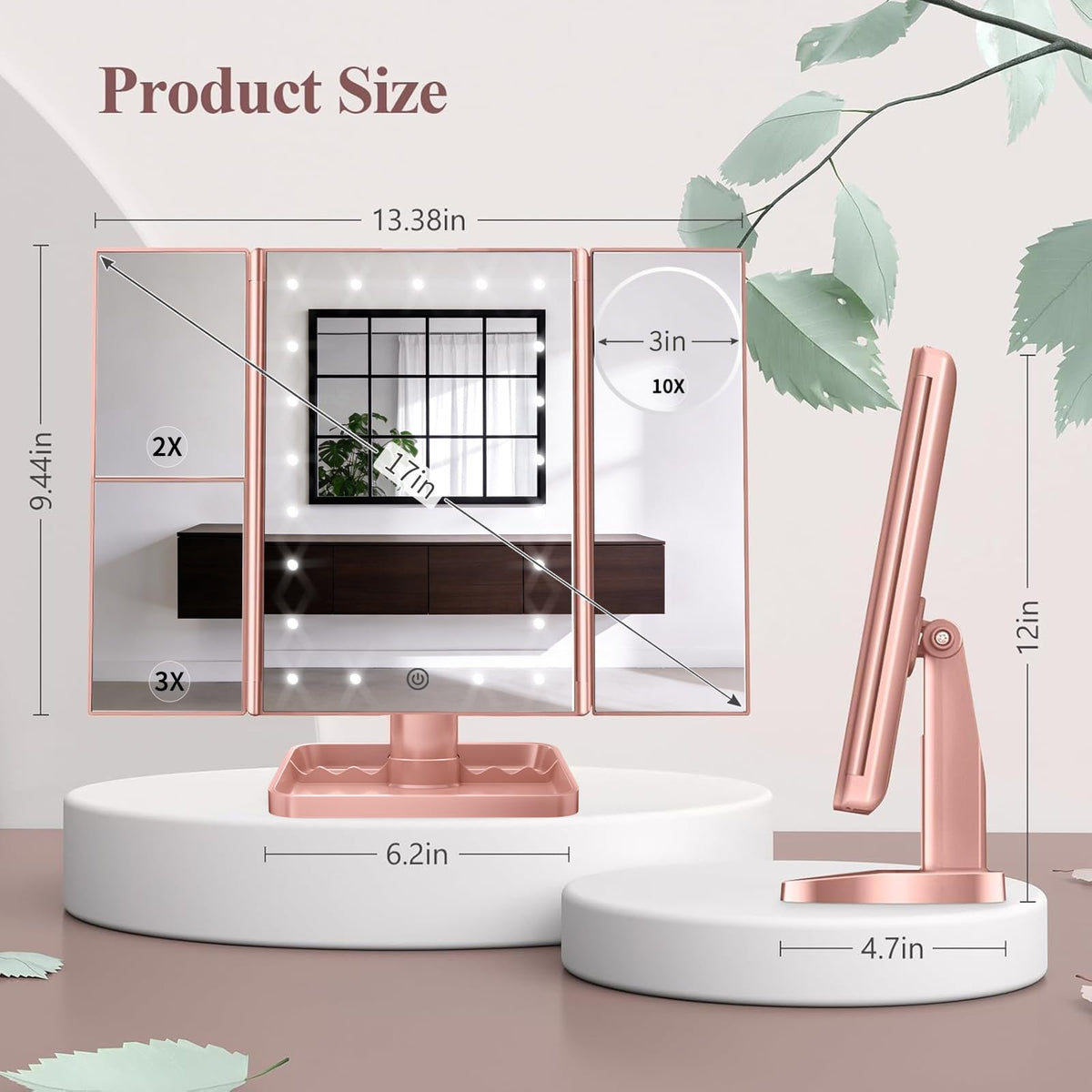 2X 3X 10X Magnifying Vanity Mirror with Light Trifold Makeup - HUONUL Official Imagery - 8