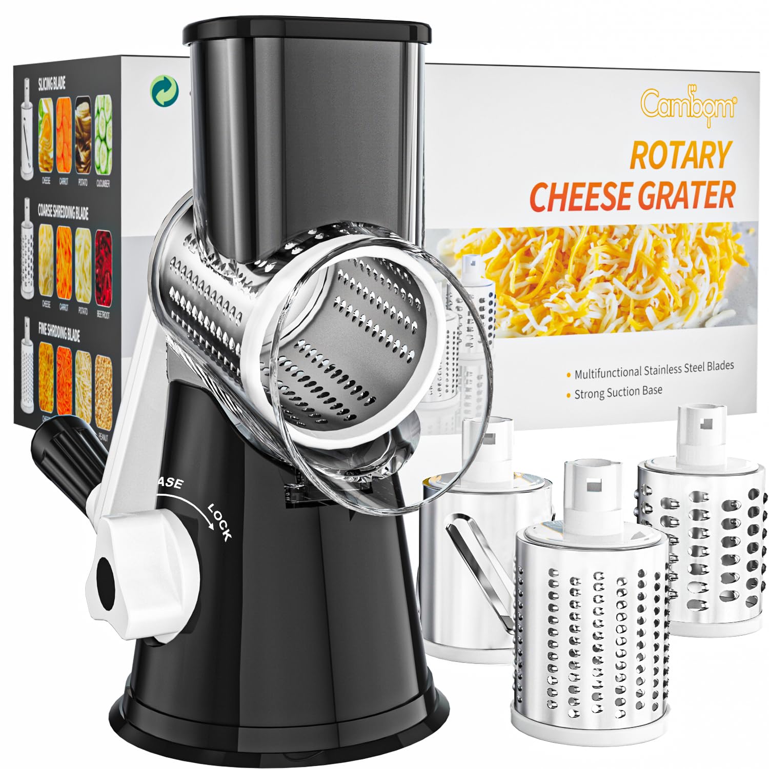 Cambom Rotary Cheese Grater Hand Crank Cheese Shredder, Black - Product Imagery