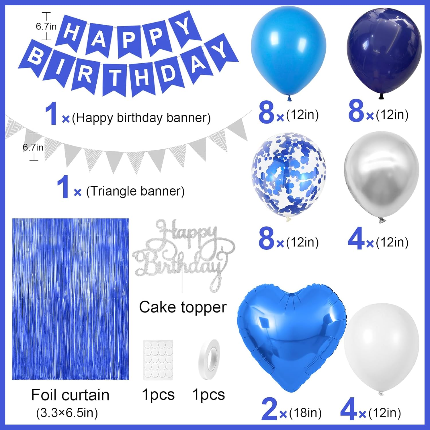 Blue and silver birthday decoration with navy blue, white balloons and heart-shaped foil balloons by Adorely.