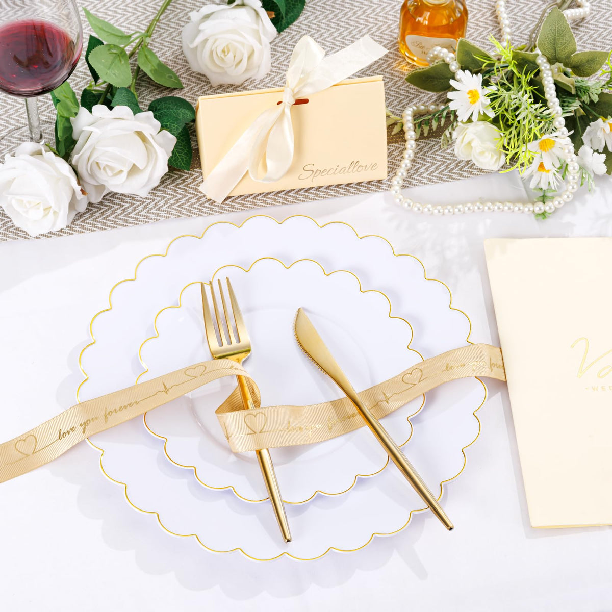 LIYH 60 Pcs White Plastic Plates with Gold Rim Scalloped - LIYH Love in your heart Official Imagery - 6