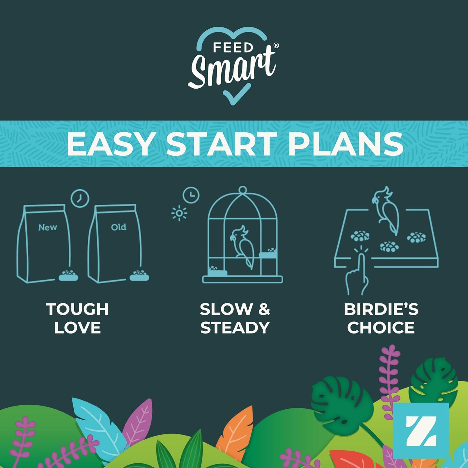 Feed Smart easy start plans with illustrations and brand logo on a dark background