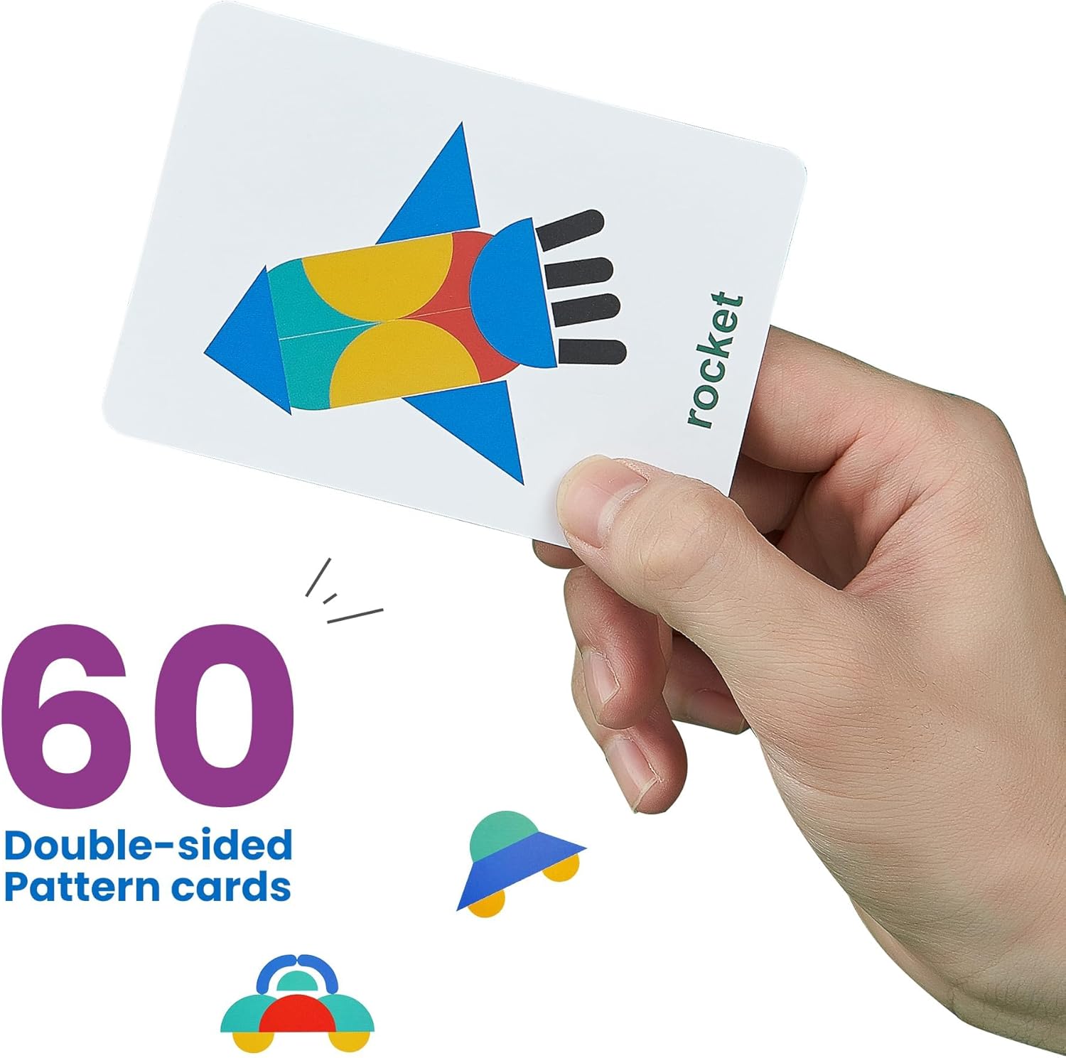 LiKee open-ended wooden shape puzzles for toddlers with 36 blocks and 60 cards, featuring colorful geometric pieces and learning shapes.