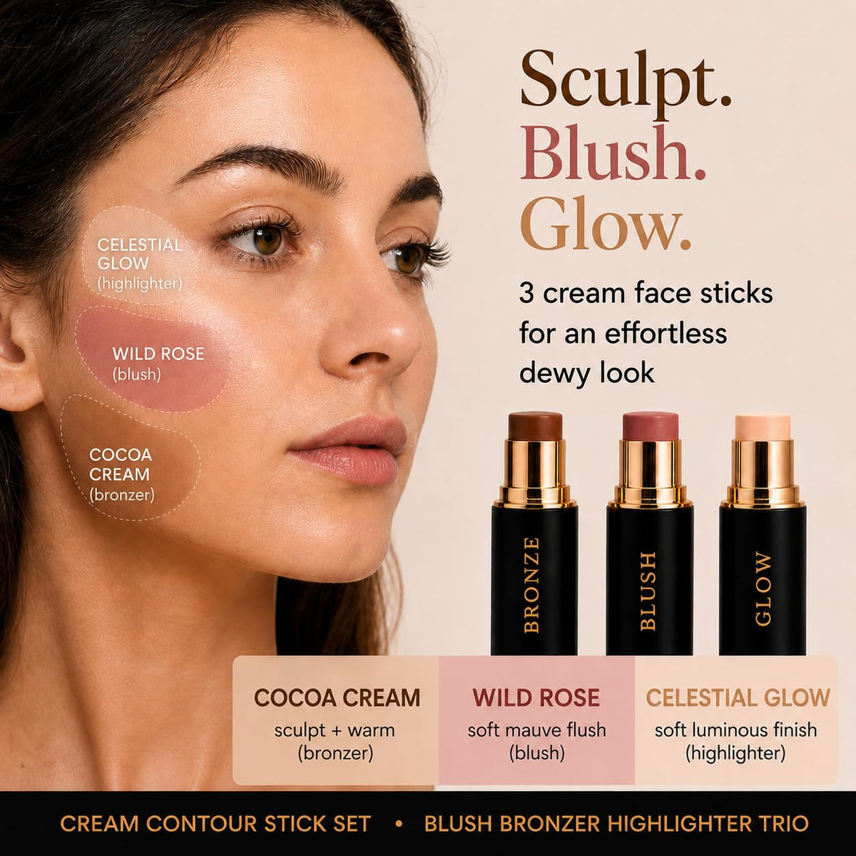 Cream Contour Stick Set Blush Bronzer Highlighter Trio - Phoenix Beauty Official Imagery - 3