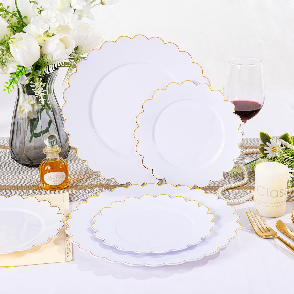 LIYH 60 Pcs White Plastic Plates with Gold Rim Scalloped - LIYH Love in your heart Official Imagery - 4