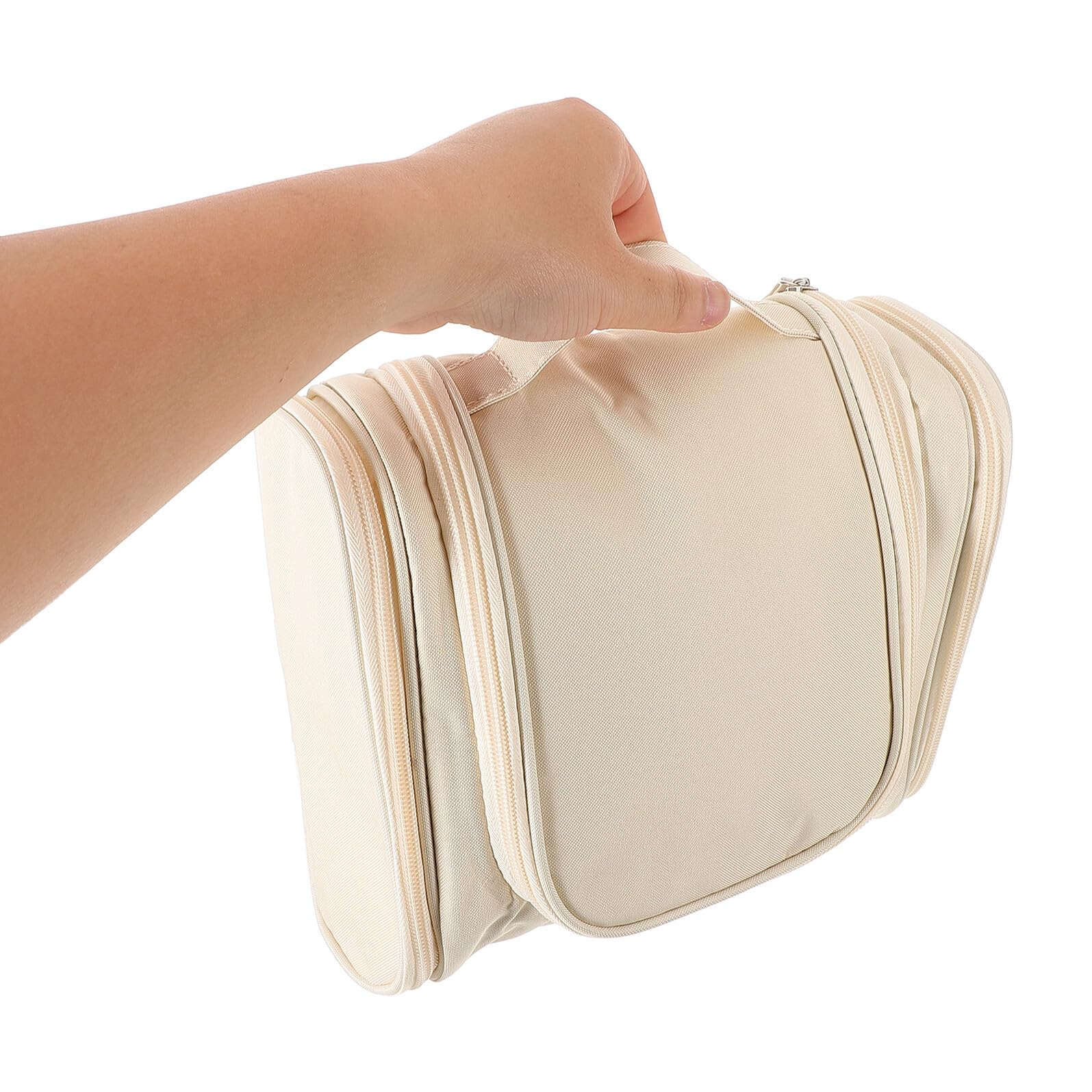 TOVINANNA Large Waterproof Hanging Toiletry Bag with Handle, Portable Travel Makeup Organizer and Bathroom Storage Case, Beige Water-resistant Handheld Cosmetic and Toiletry Storage