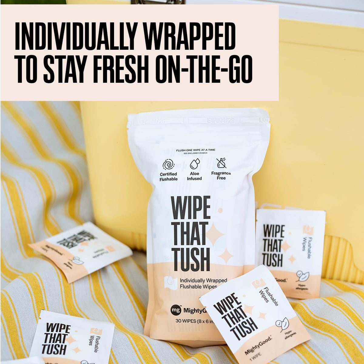 Wipe That Tush On The Go Flushable Wipes 4 Pack of 30 - MightyGood. Official Imagery - 5