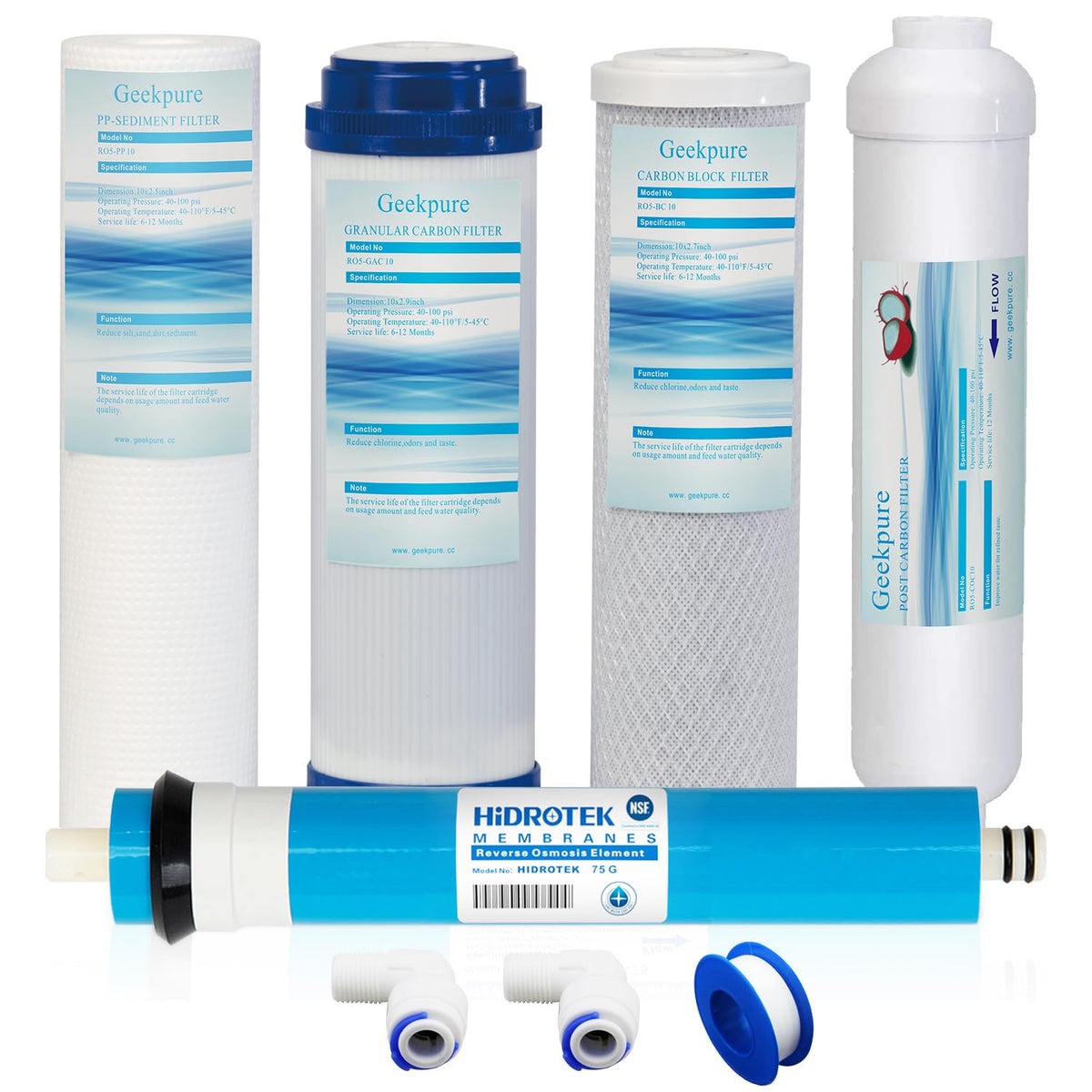 Geekpure 5 Stage Reverse Osmosis Filter Set with 75 GPD NSF - Geekpure Official Imagery - 2