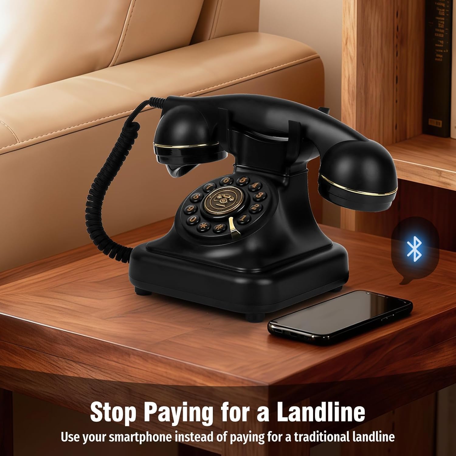 Sangyn Bluetooth retro landline phone with voice assistant, featuring classic design and modern wireless connectivity.