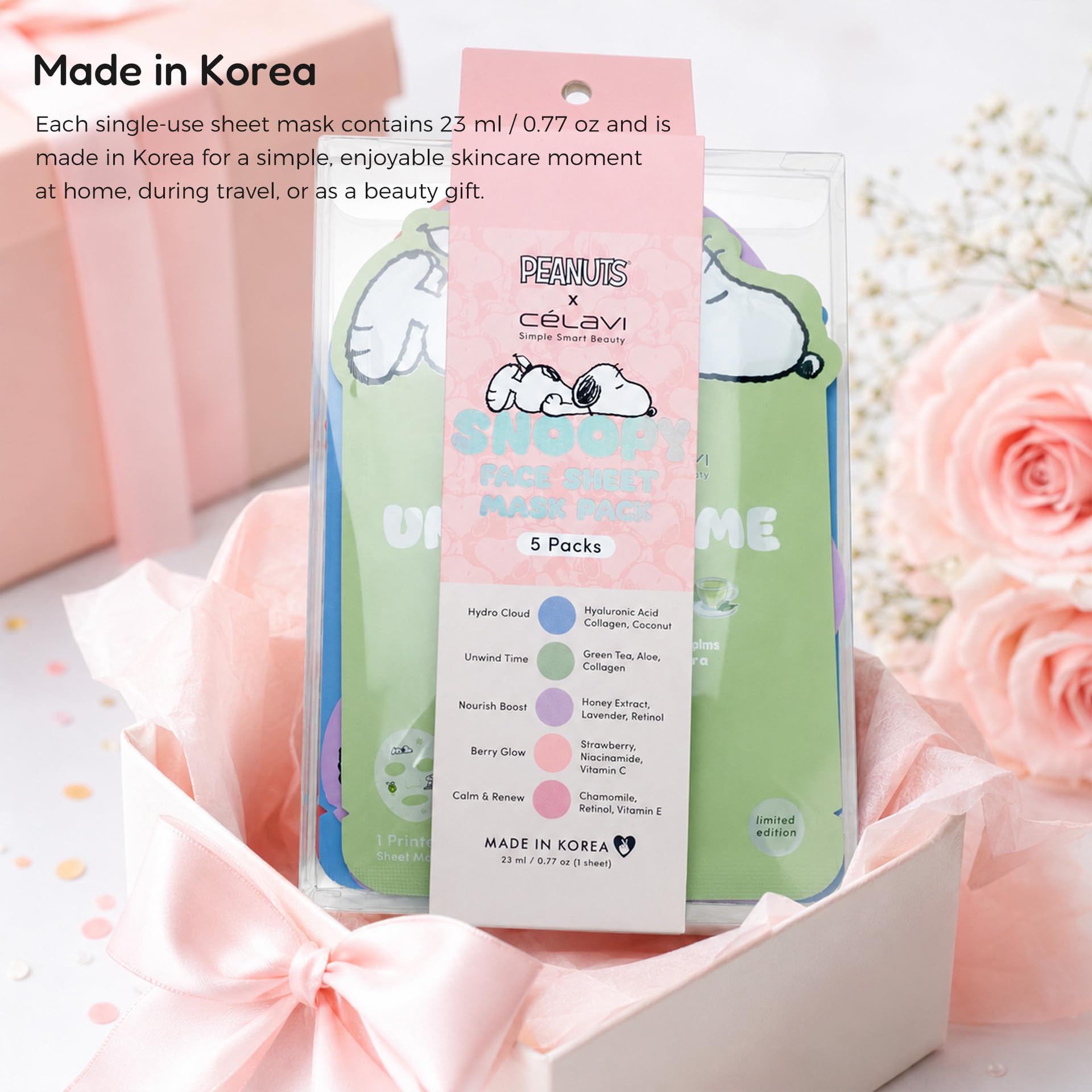 CELAVI 5 Pack Peanuts Snoopy Printed Sheet Mask, Cute Face Masks - Celavi Cosmetics