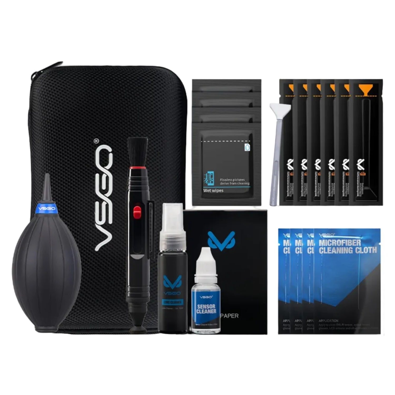 VSGO all-in-one camera cleaning kit for APS-C sensors, including 16mm cleaning tools compatible with Canon, Nikon, and Sony cameras.