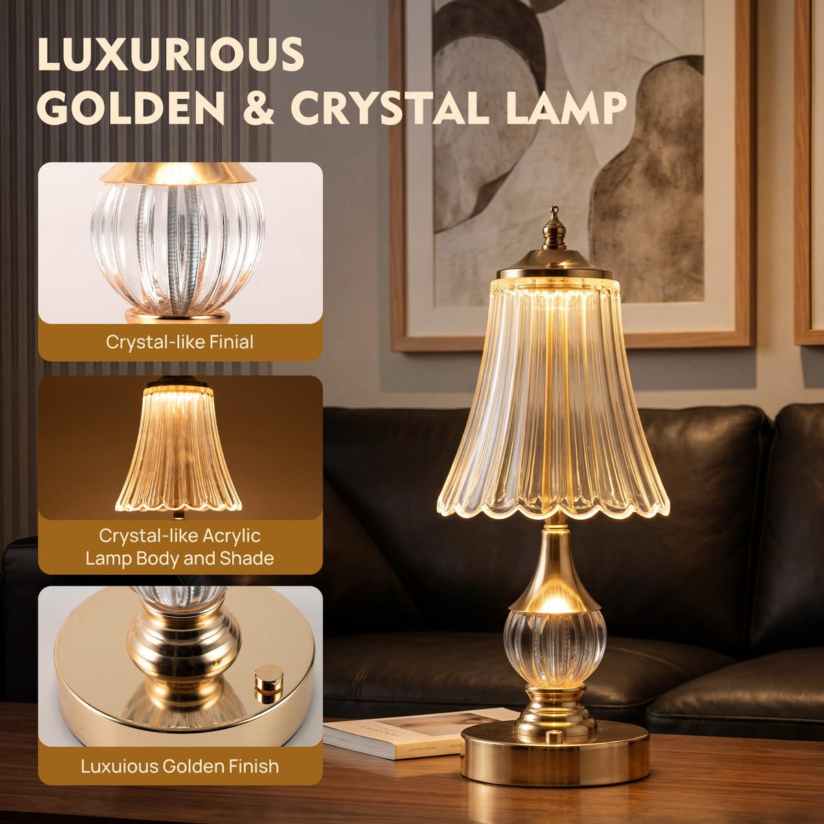 Gold Crystal Battery Operated Rechargeable Lamp Cordless - SisiHokai Official Imagery - 4