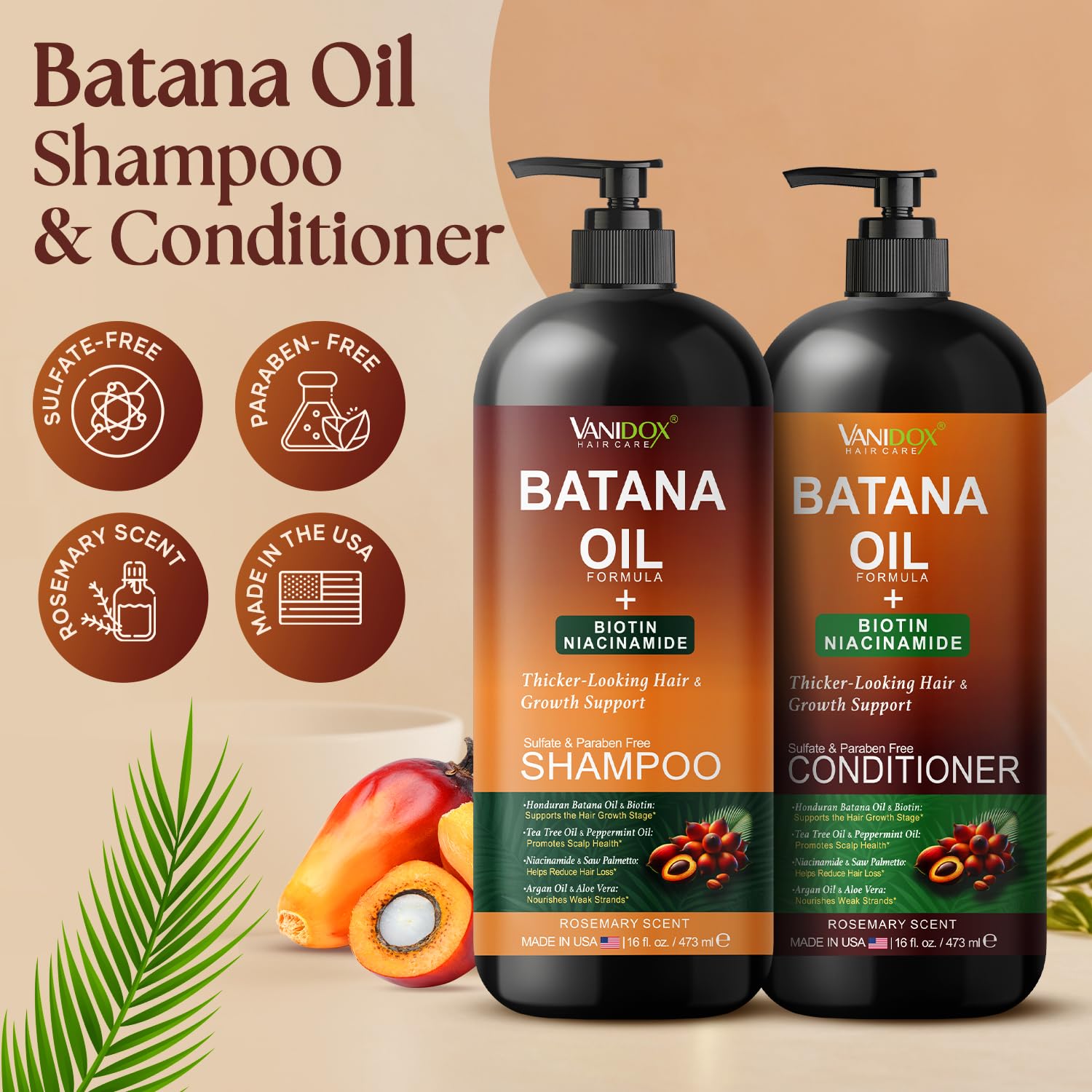 VANIDOX Batana Oil Shampoo and Conditioner Set – Biotin & Niacinamide Infused – - VANIDOX Official Product View 3