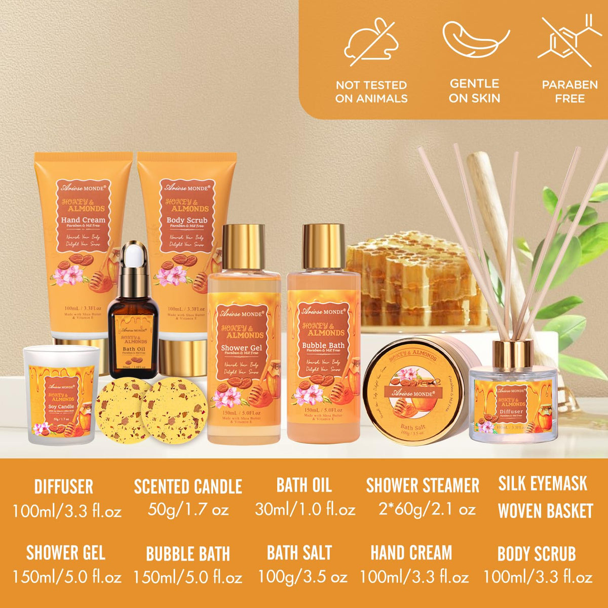 Gift Baskets for Women 13pcs Honey Almond Bath and Body Gift - ArioseMonde Official Imagery - 4