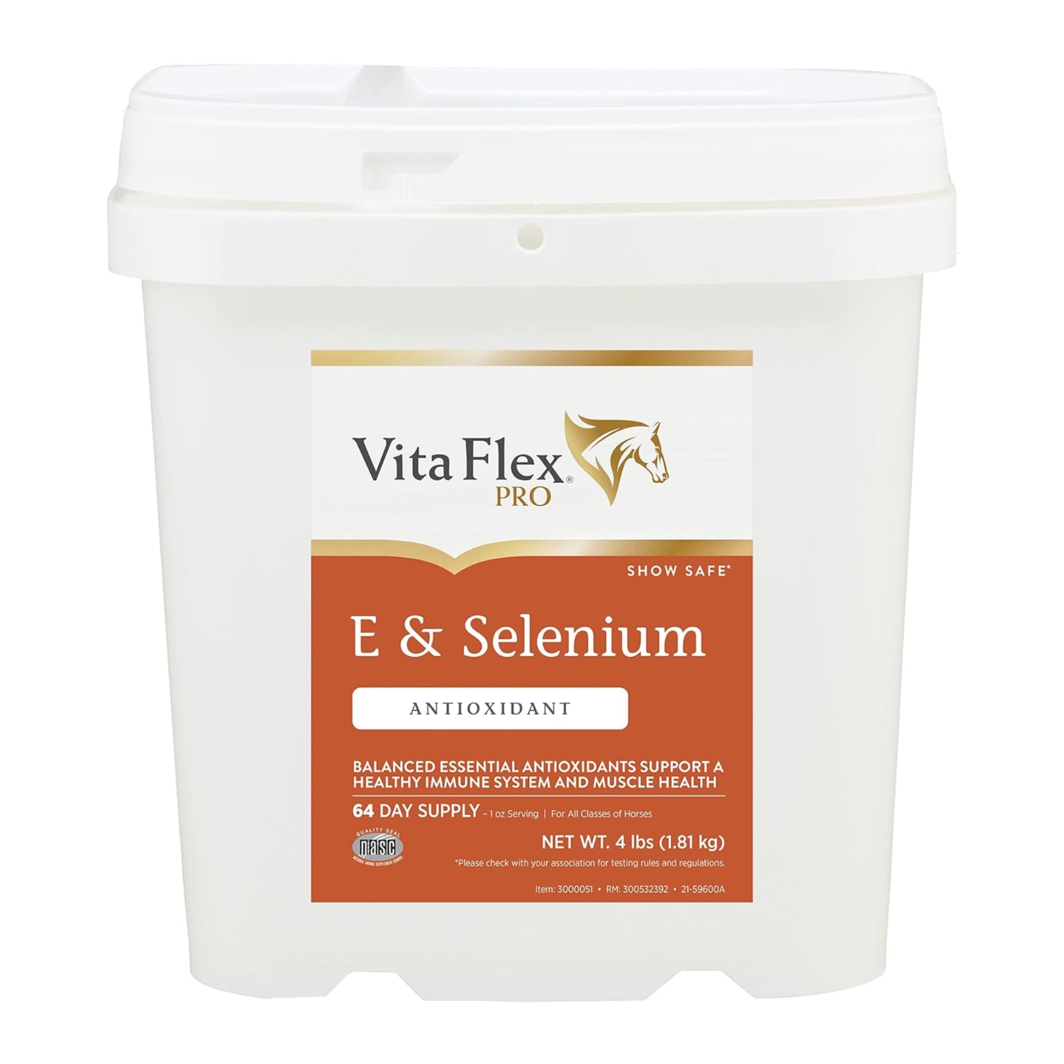 Vita Flex Pro E & Selenium supplement for horses, 4 lb powder with vitamin E and selenium, 64-day supply.