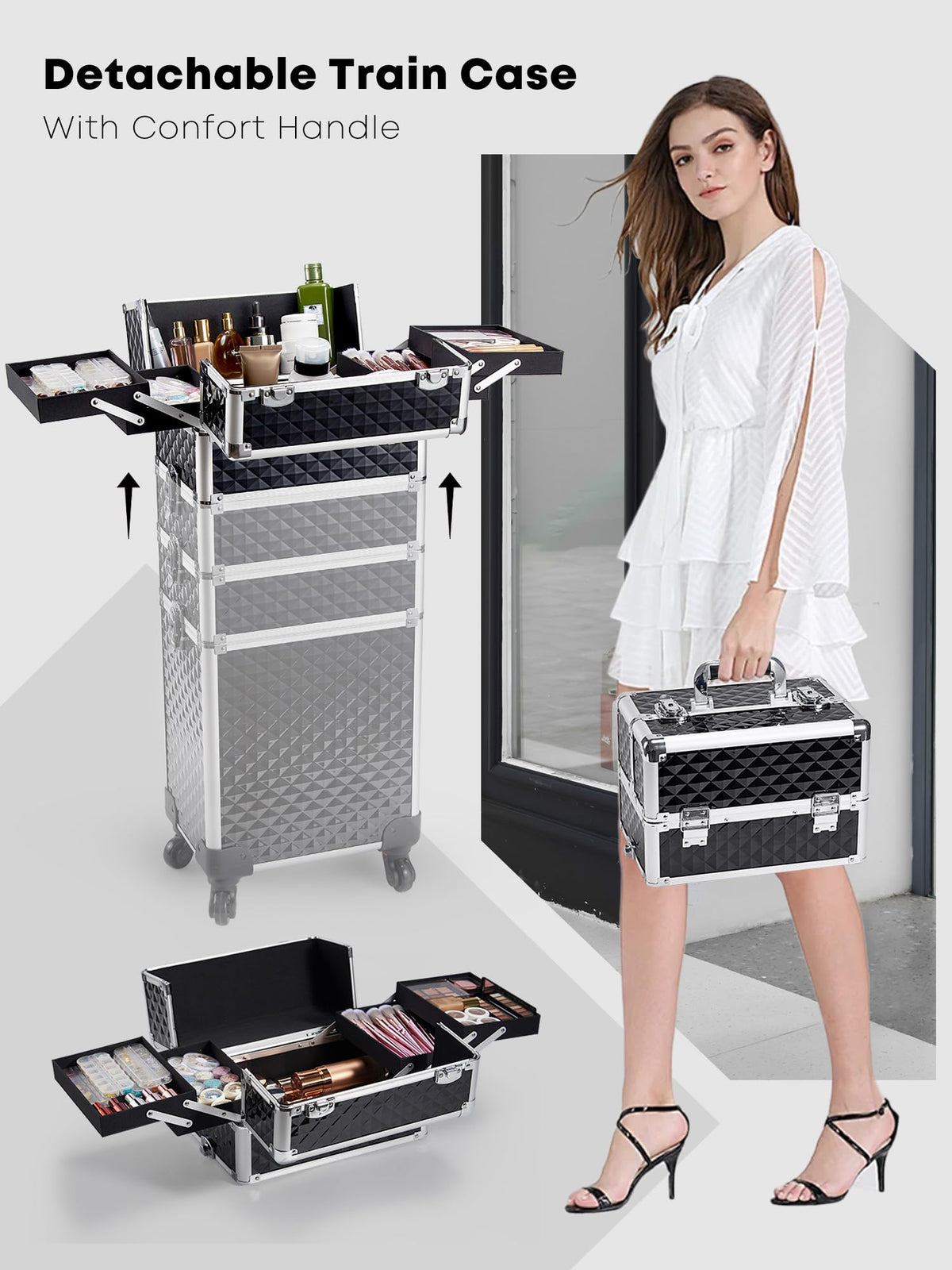 4 in 1 Rolling Makeup Train Case Portable Cosmetology - Adazzo Official Imagery - 5