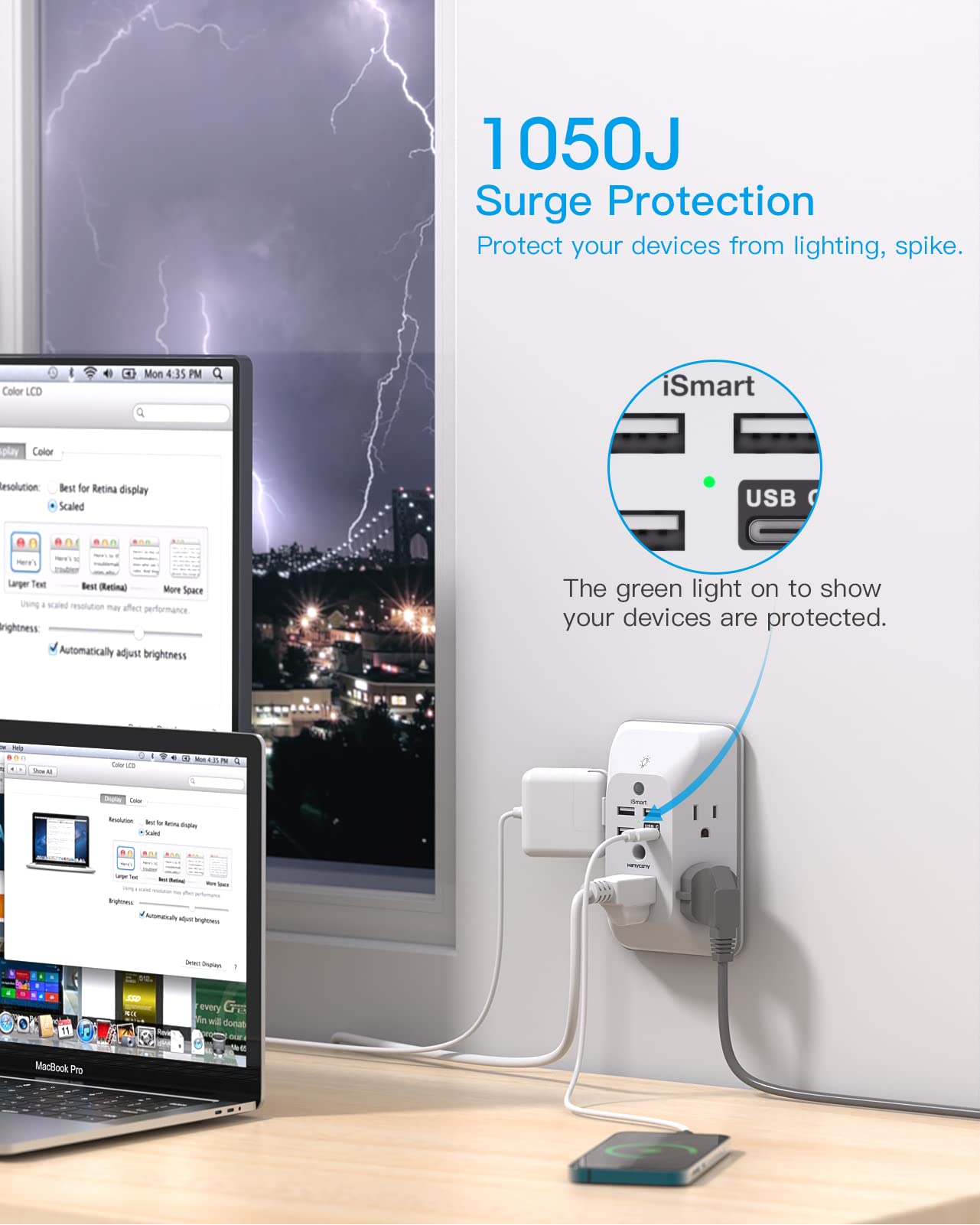 HANYCONY Outlet Extender with Night Light, Multi Plug Wall Outlet, Surge Protect - HANYCONY Official Product View 6
