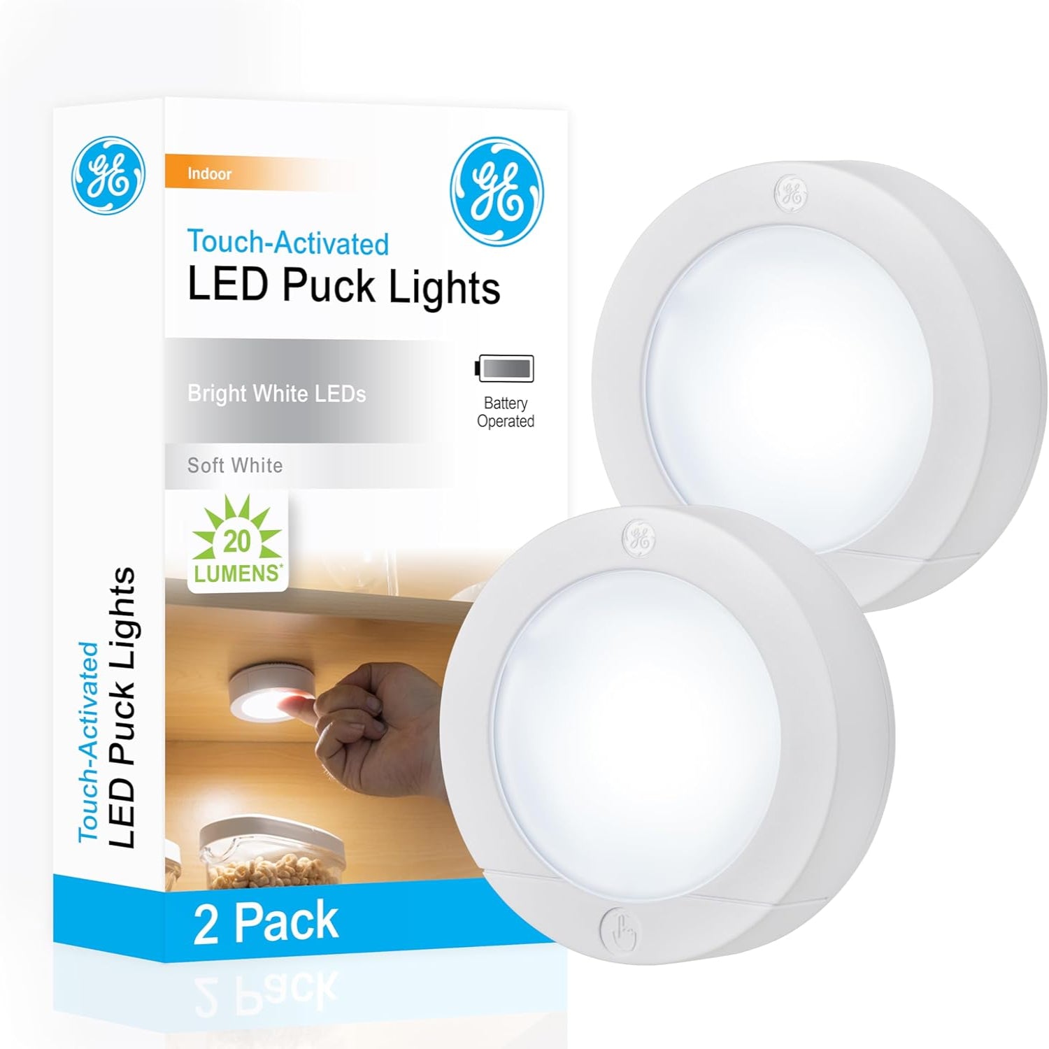 GE wireless LED tap lights, battery-operated touch-activated puck lights, 20 lumens, 2-pack, ideal for dark or hard-to-reach areas