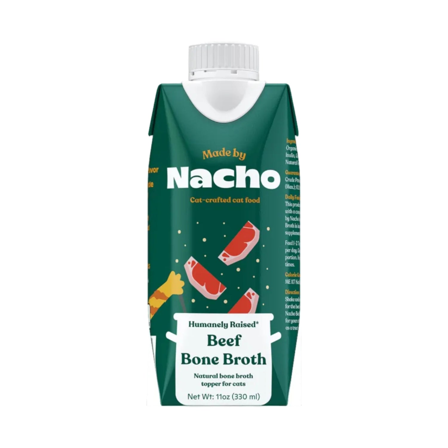 Made by Nacho Bone Broth Cat Food Topper for hydration, shown in a bowl with a cat eating, ideal for picky eaters and hydration.