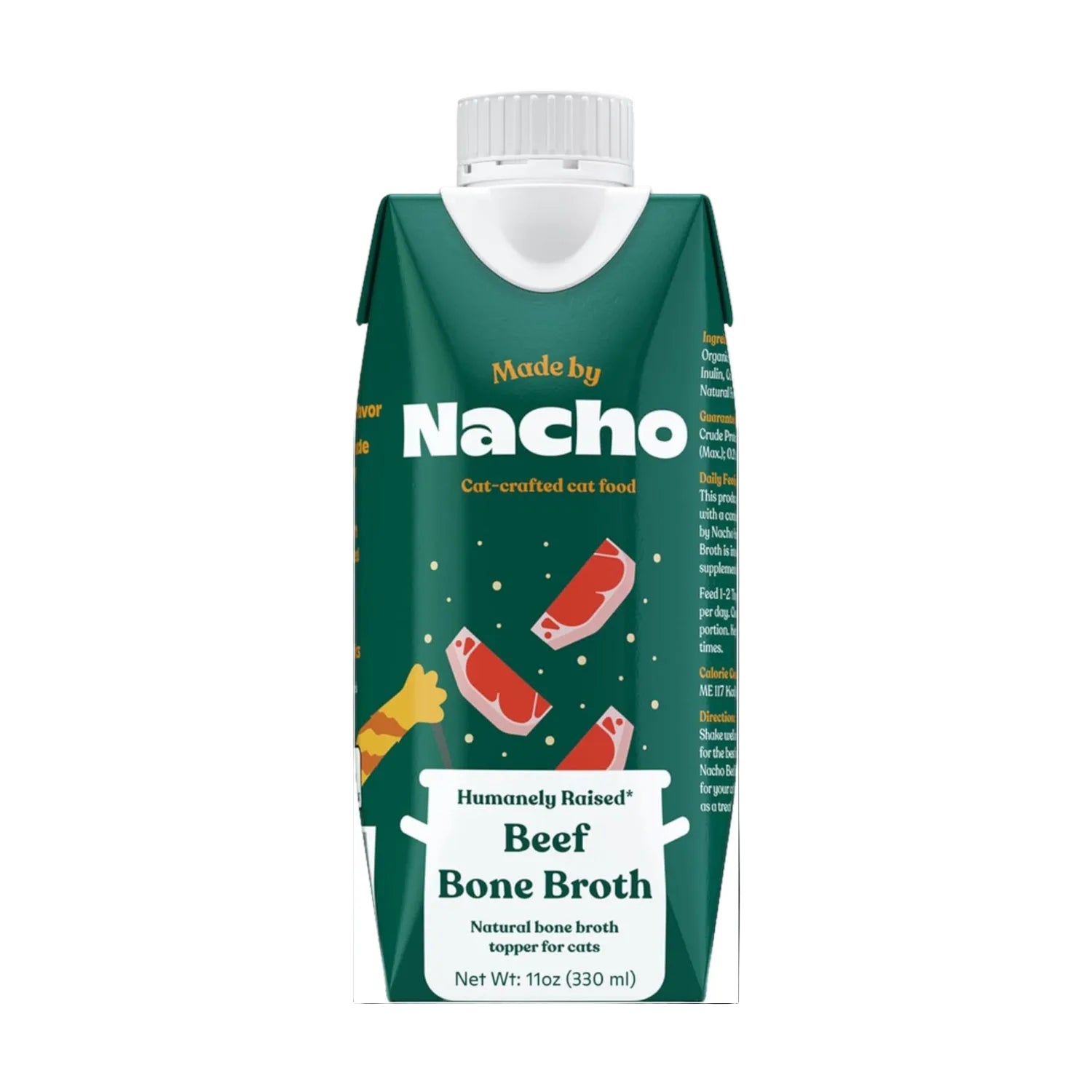 Made by Nacho Beef Bone Broth Cat Food Topper pack with four pouches, designed to boost hydration for picky cats.