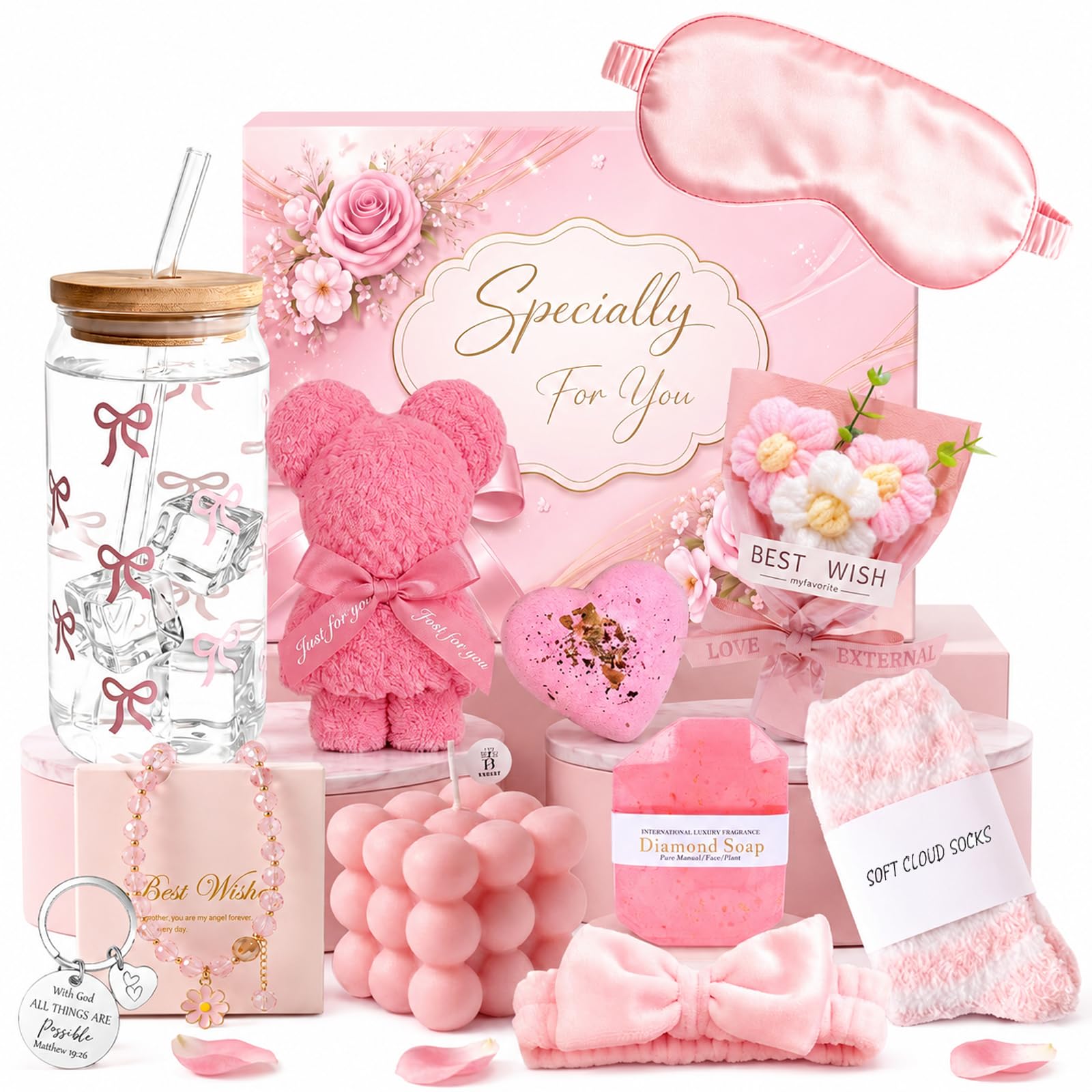 Pink Spa Gift Basket for Women, Birthday Self Care Gifts for Her - Product Imagery
