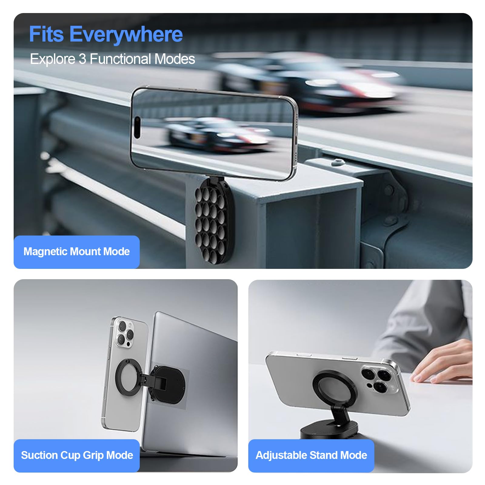 TecChic 3-in-1 magnetic phone stand with rotatable mount, compatible with iPhone 14-17, for car, desk, gym, or kitchen use.