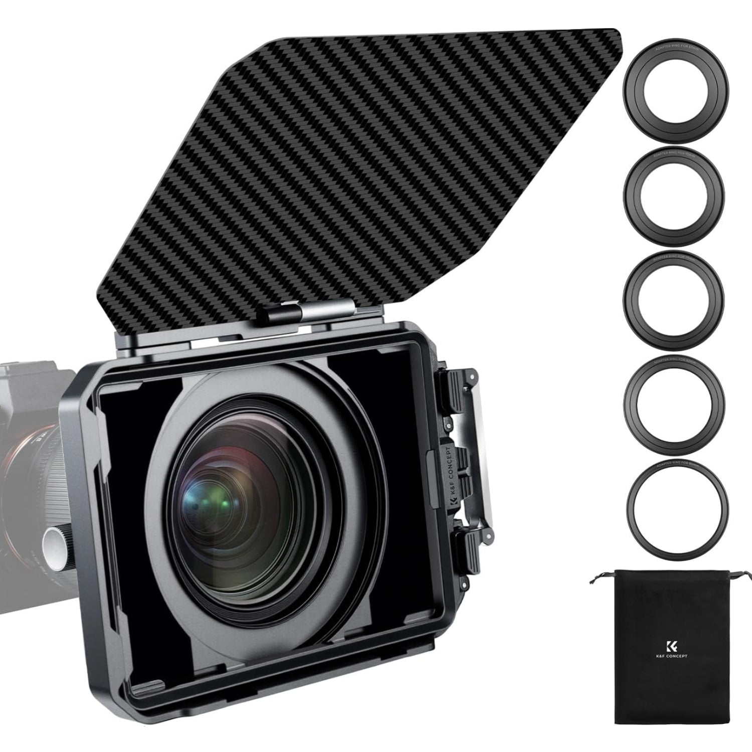 K&F CONCEPT DSLR matte box with carbon fiber top flag, adjustable lens filter holder for professional camera setup