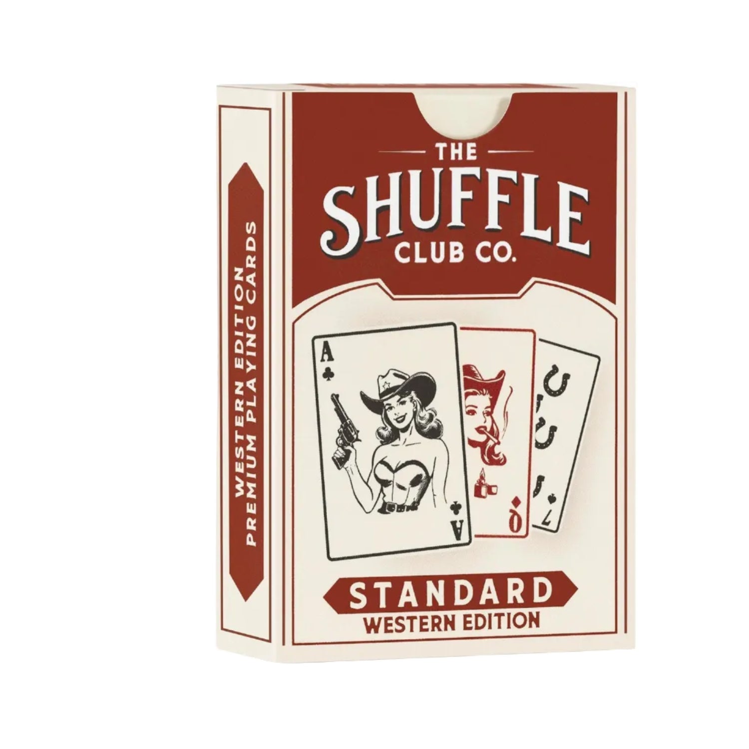 Hand-illustrated Western playing cards featuring vintage cowboy artwork from Shuffle Club Co's Wild West deck.