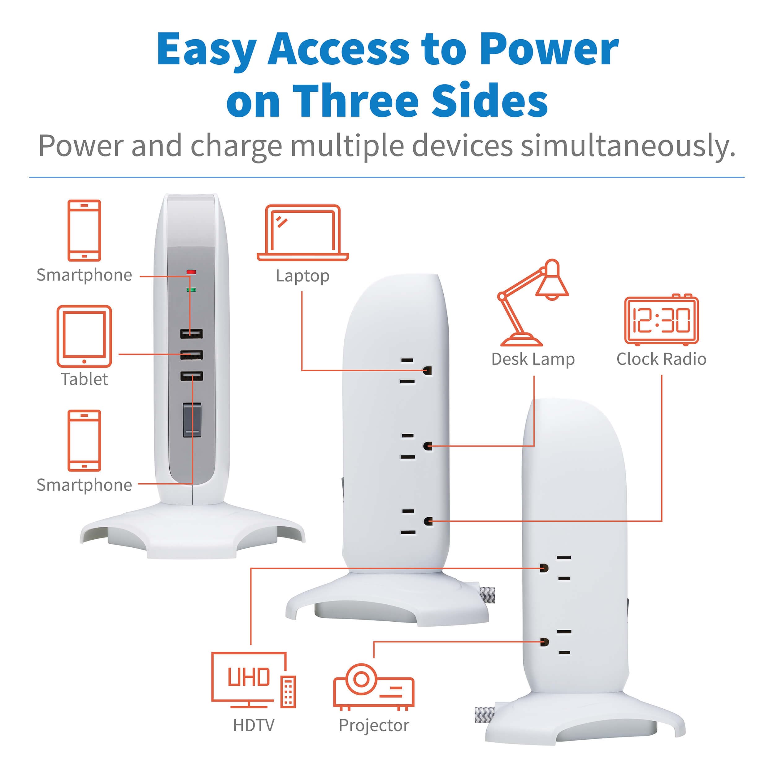 Tripp Lite TLP66USB Surge Protector Tower with USB Ports, 1200 Joules, 5-Outlets, 3 USB Ports, 6ft Heavy-Duty Braided Extension Cord, Desk Charging Tower, Dorm Essentials, Tower Power Strip with Surge