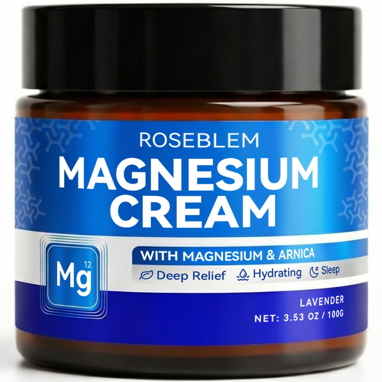 Roseblem Magnesium Cream with arnica and lavender, a soothing moisturizer for muscle relief, relaxation, and gentle skin hydration.