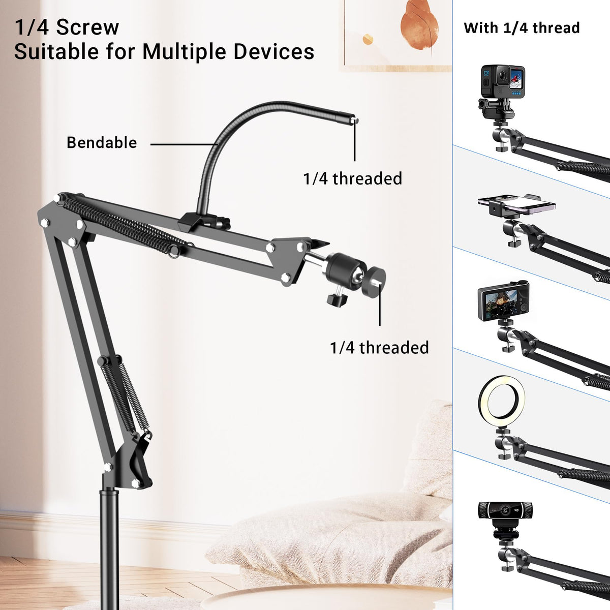 Floor Overhead Phone Mount with Dimmable Ring Light for - Mionondi Official Imagery - 4