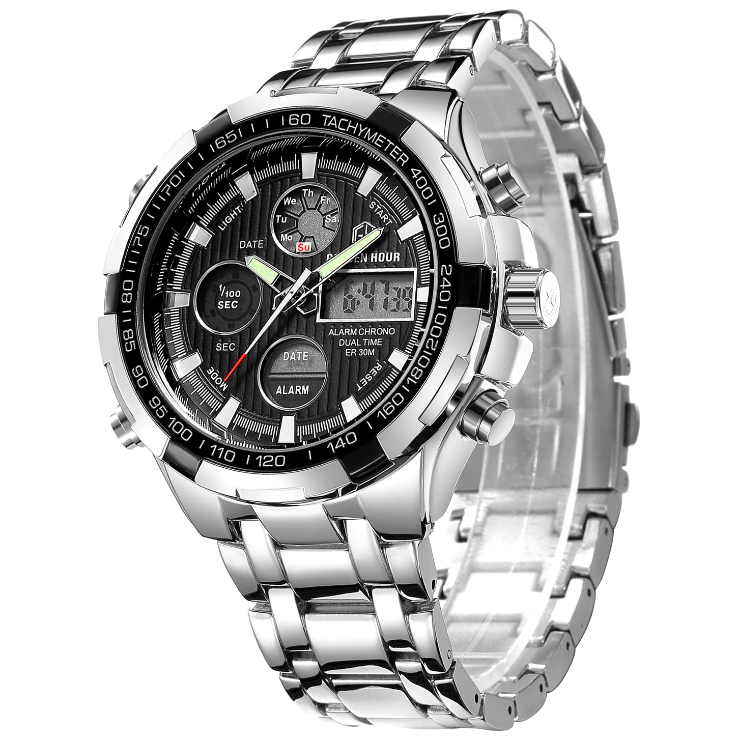 GOLDEN HOUR Luxury Stainless Steel Analog Digital Watches for - Product Imagery