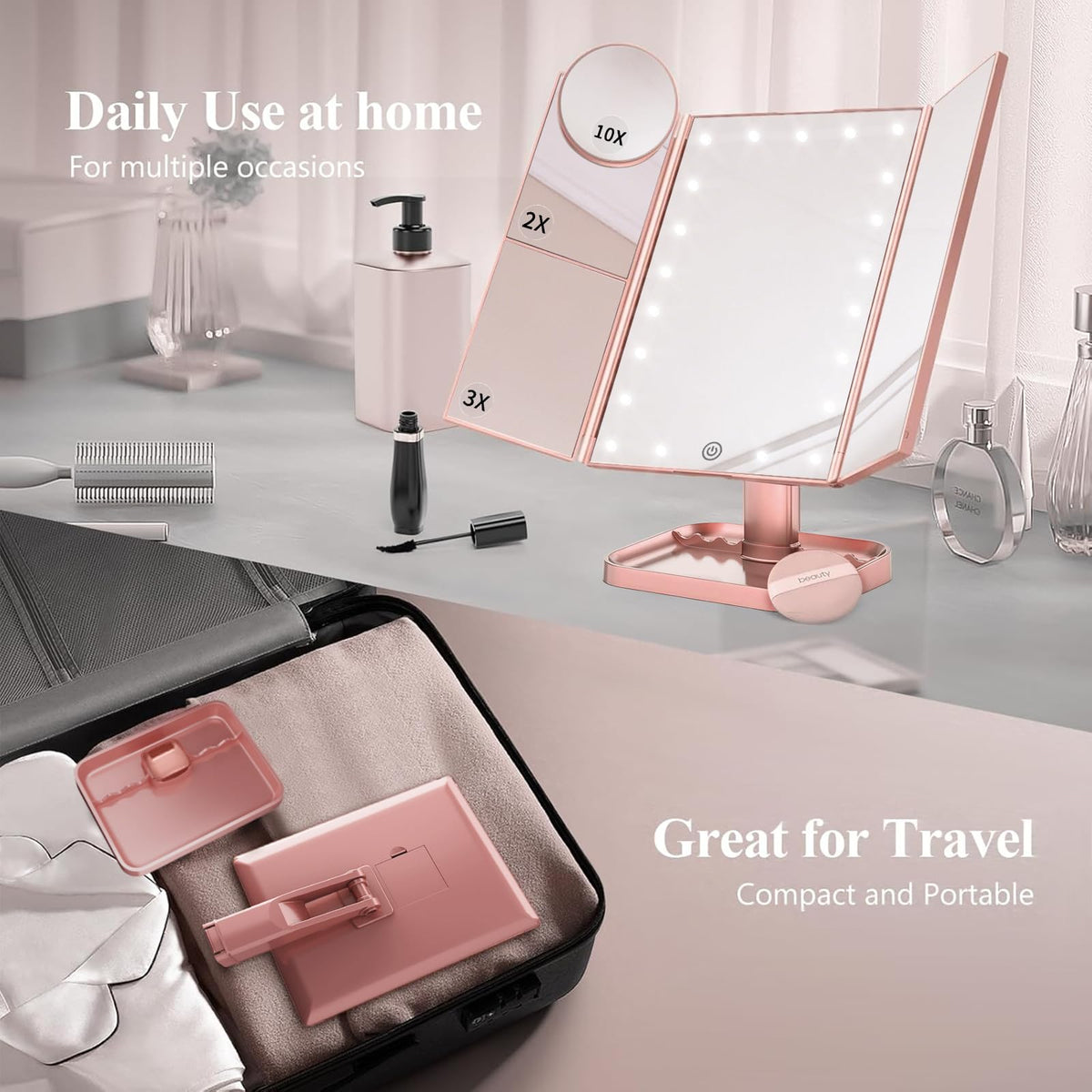 2X 3X 10X Magnifying Vanity Mirror with Light Trifold Makeup - HUONUL Official Imagery - 6