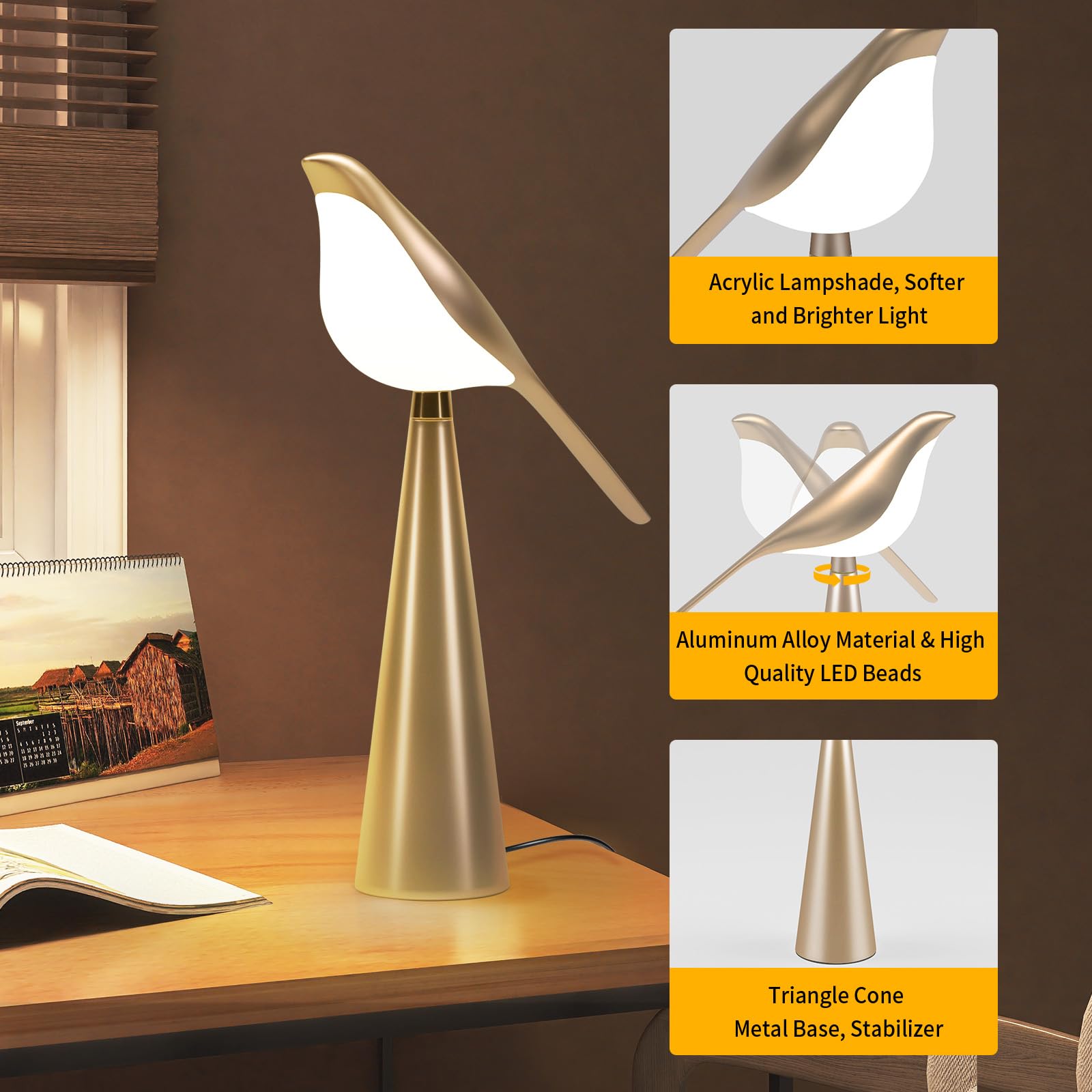 Xhope4u Small Desk Lamp, Bird Lamp, 10 Level Dimmable Brightness Bedsi - View 2