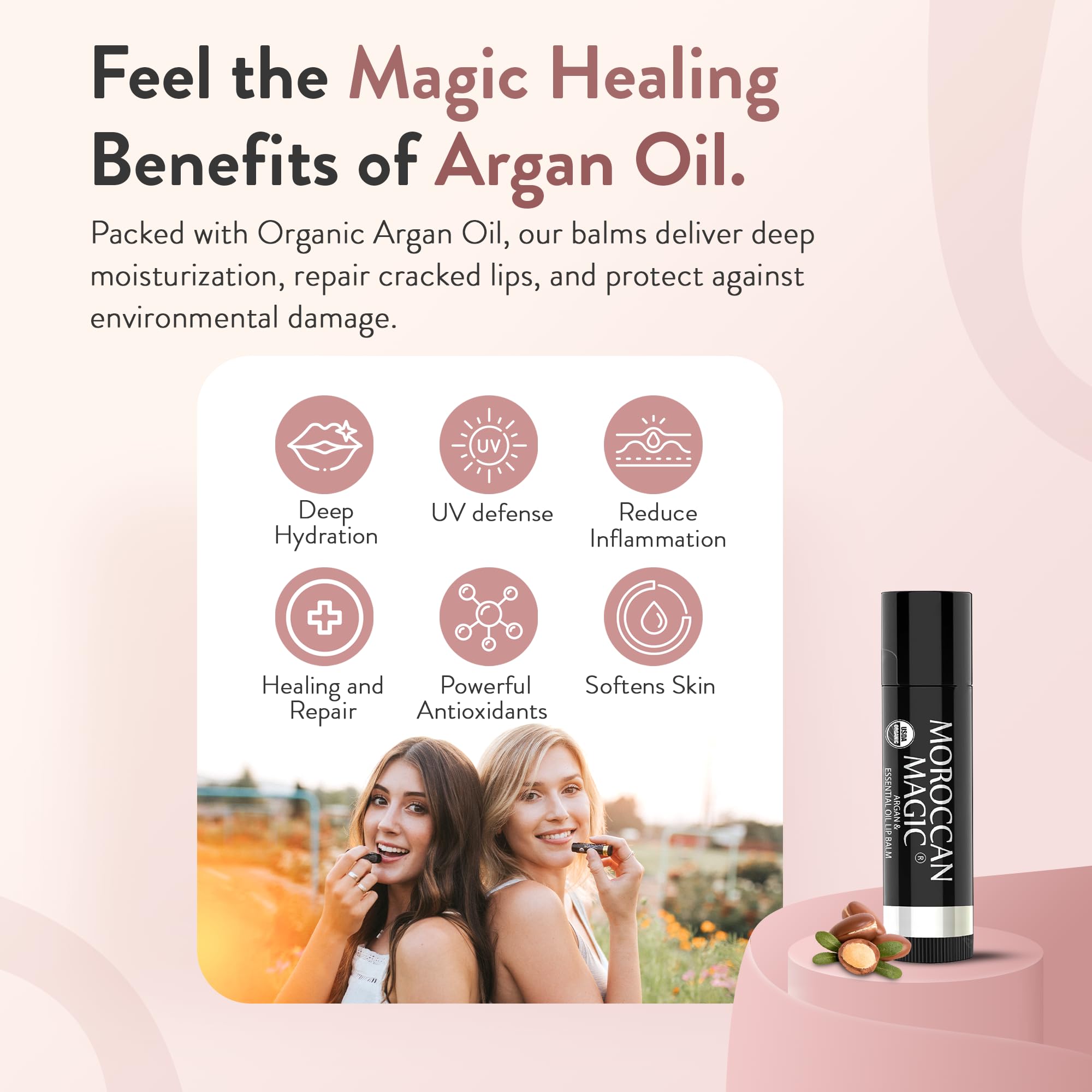 Moroccan Magic Organic Lip Balm 5 Piece Variety Pack Gift Set | Ultra-Hydrating Argan & Essential Oil Lip Moisturizer + Vitamin E | Smooth | Natural | Non-Toxic | Cruelty Free | 5 Pack - Moroccan Magic Official Product View 4