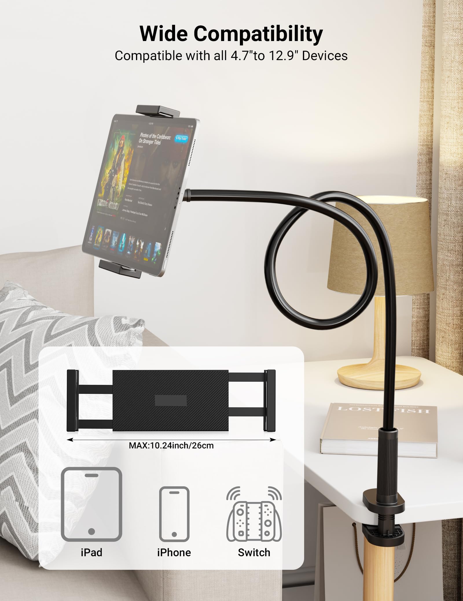 Klsniur flexible gooseneck tablet holder with adjustable clamp, holding iPad or phone on desk, bed, or kitchen surface.