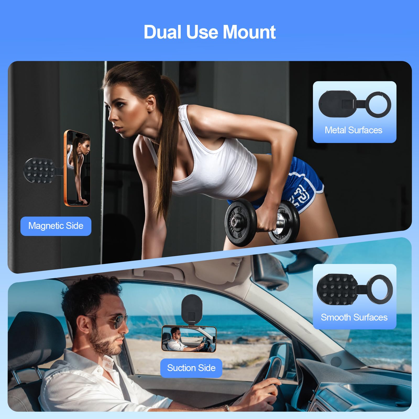 TecChic 3-in-1 magnetic phone stand with rotatable mount, compatible with iPhone 14-17, suitable for car, gym, kitchen, and desk.