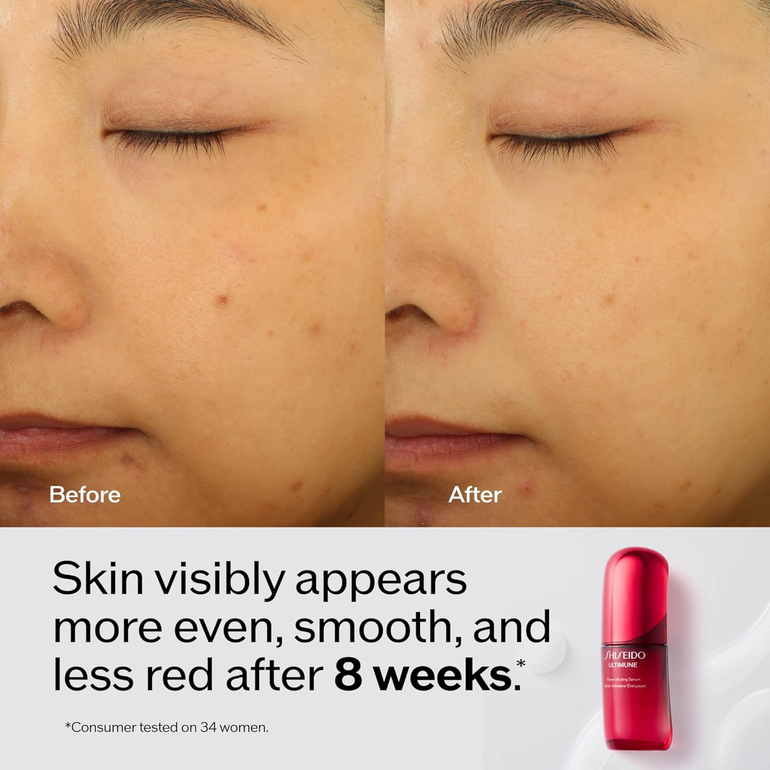 Shiseido Ultimune Power Infusing Serum in a clear glass bottle with dropper, lightweight face serum for skin revitalization.