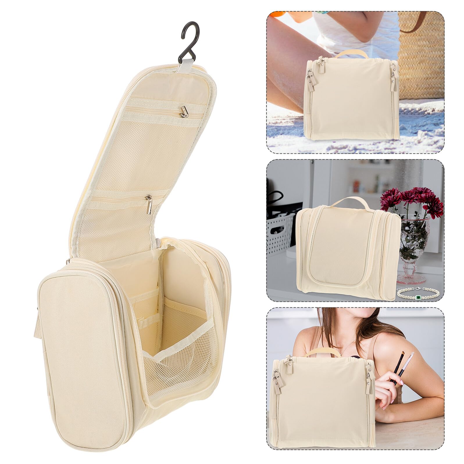 TOVINANNA Large Waterproof Hanging Toiletry Bag with Handle, Portable Travel Makeup Organizer and Bathroom Storage Case, Beige Water-resistant Handheld Cosmetic and Toiletry Storage