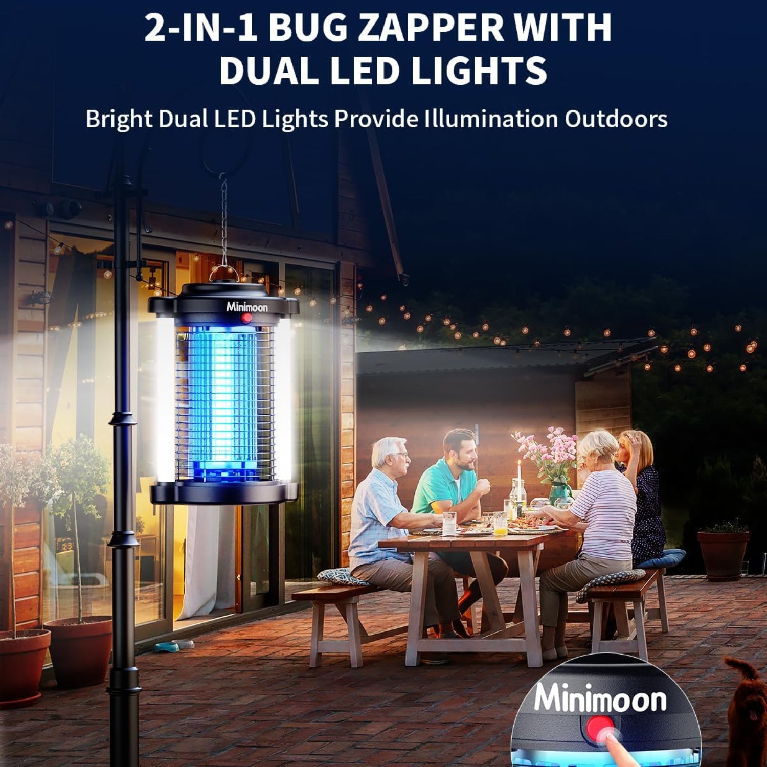 Minimoon outdoor bug zapper with dual LED lights and upgraded mosquito-catching design for outdoor pest control.