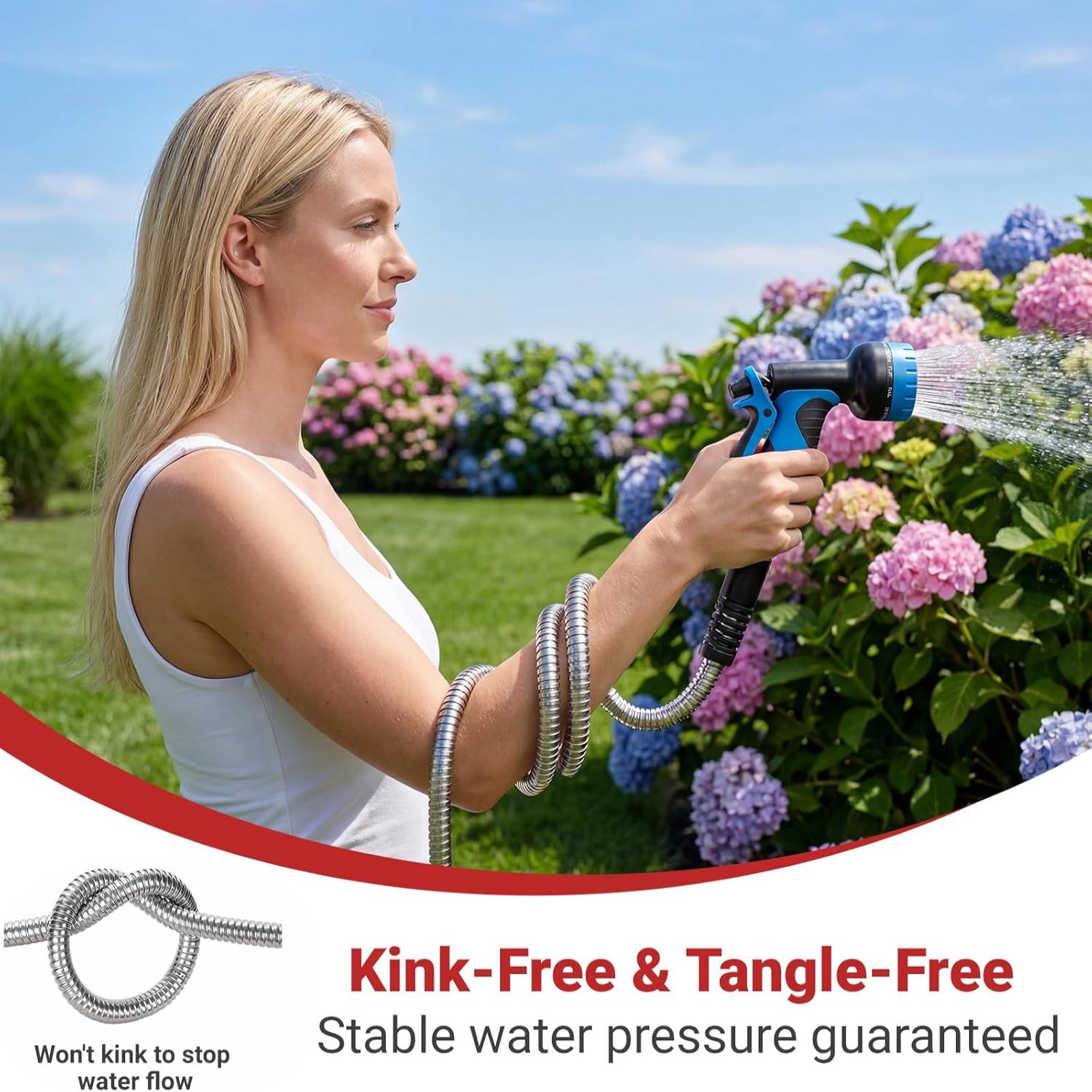 Lefree 100ft heavy-duty stainless steel garden hose, flexible water hose with brass fittings for outdoor watering.
