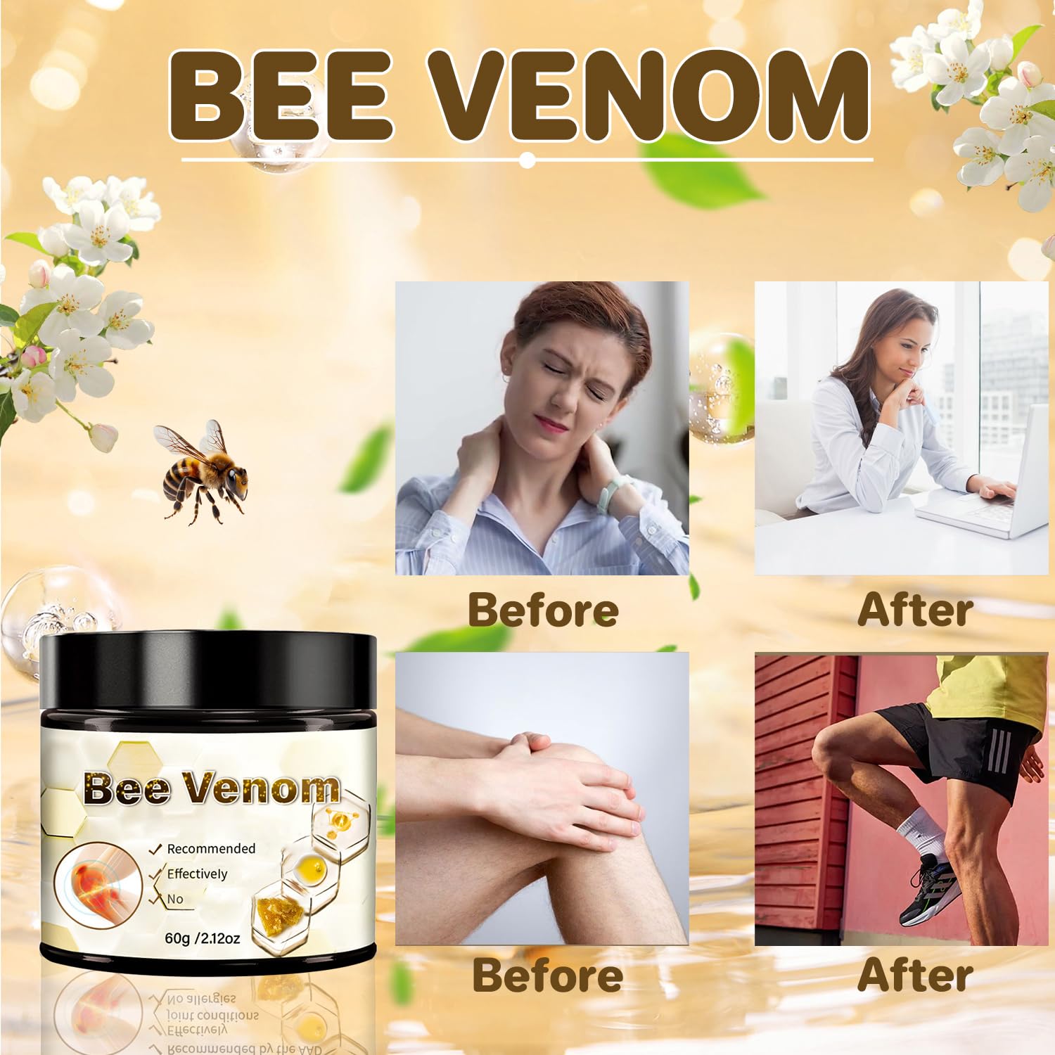 KEBEGE 2-pack bee venom cream for skin moisturizing, suitable for back, neck, hands, and feet, in a tube packaging.