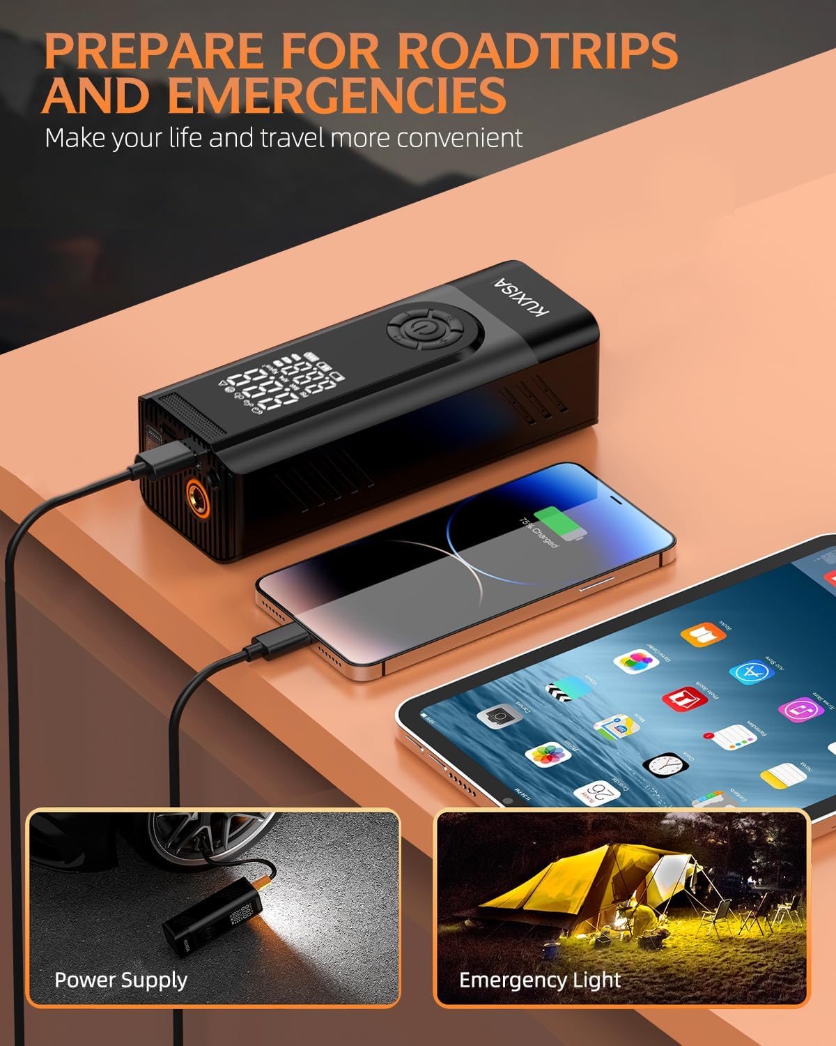 KUXISA portable tire inflator with LED lights, 180 PSI air compressor, compact design, suitable for car and bike tires.