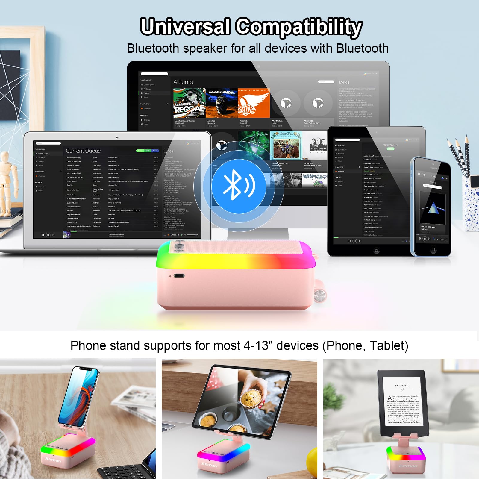 JTEMAN Cell Phone Stand with Bluetooth Speaker and Light, Portable Lanyard, Cool - JTEMAN Official Product View 6