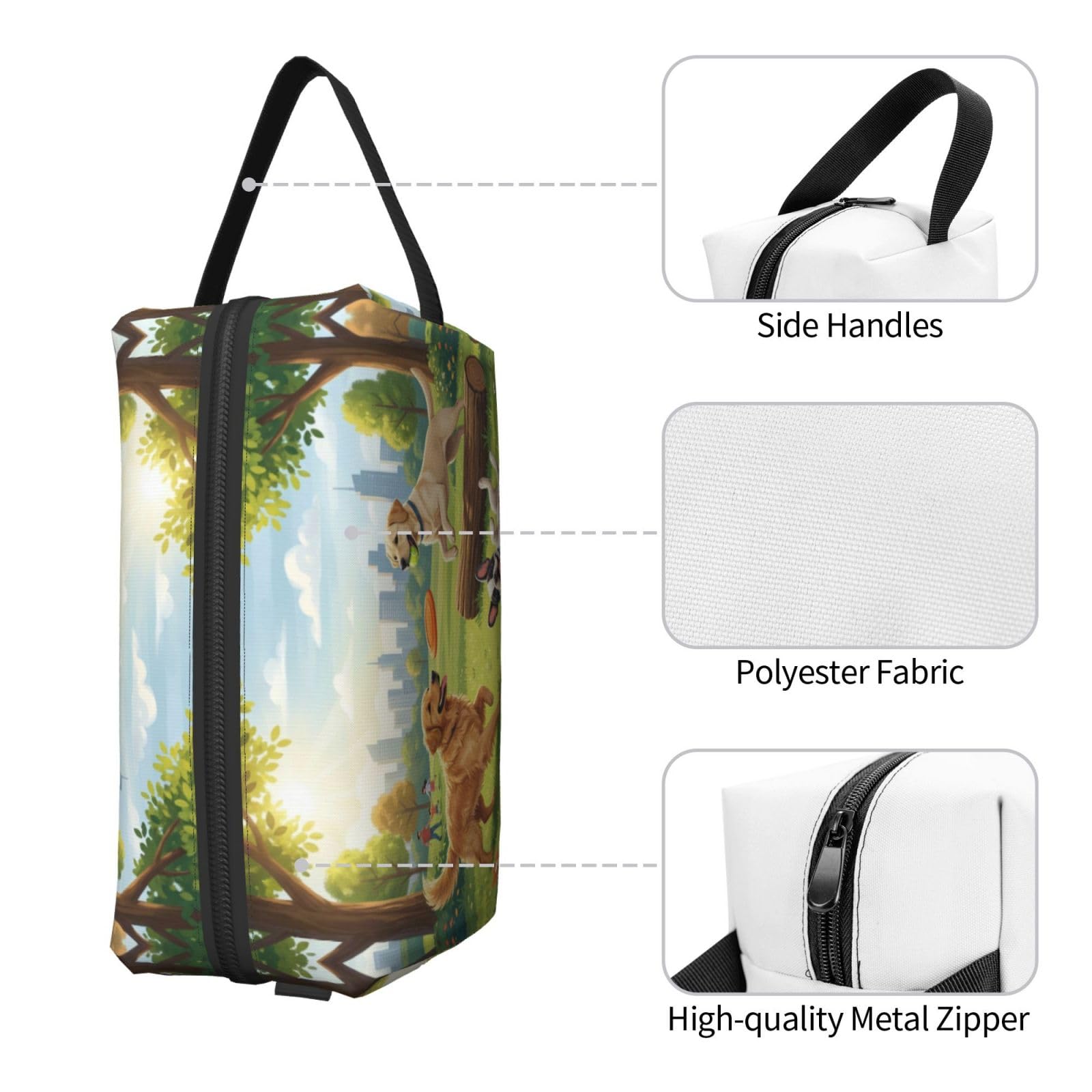 SXZVVBN large capacity travel toiletry bag with three playing dogs design, durable Oxford cloth cosmetic organizer and makeup pouch